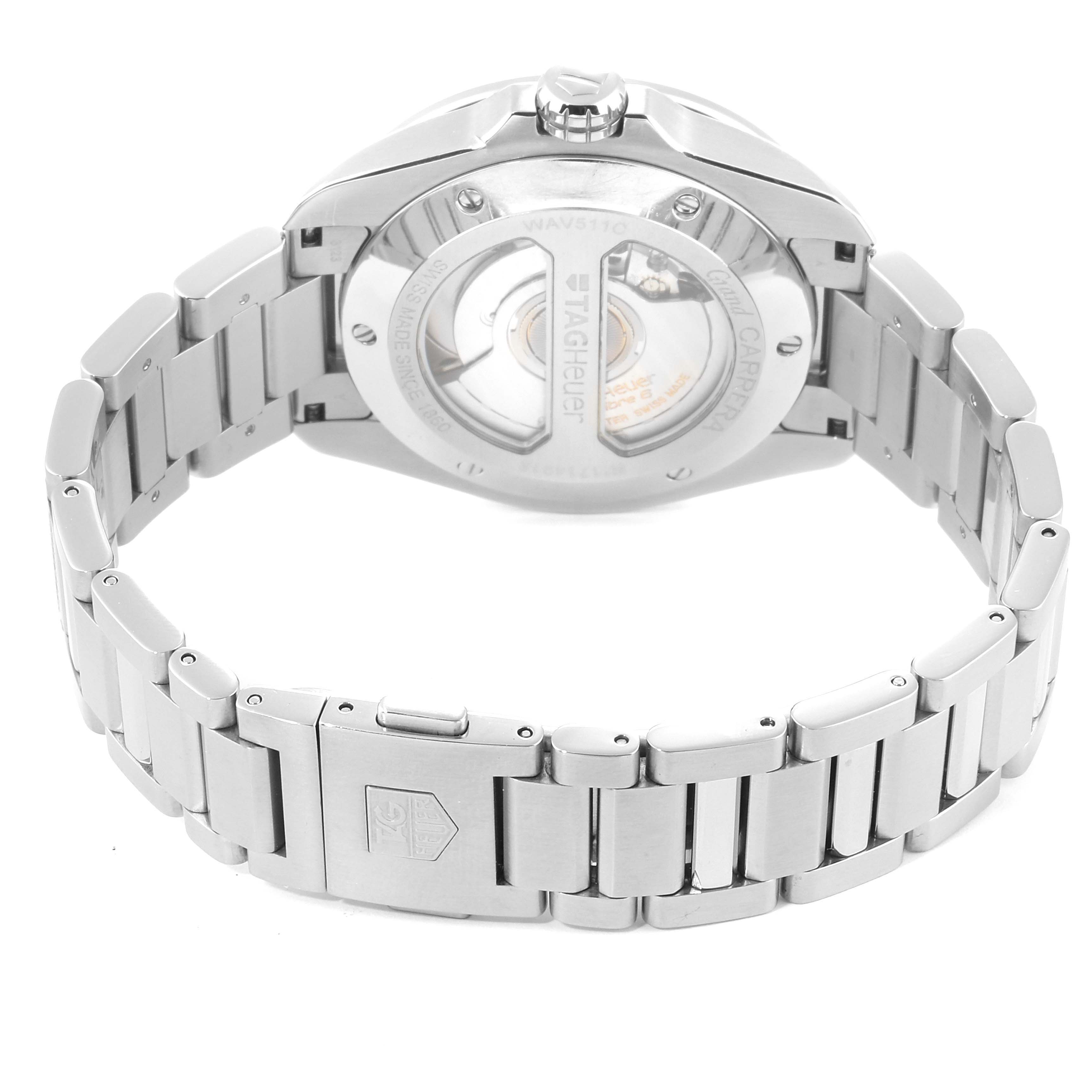 This image shows the back view of a Tag Heuer Carrera WAV511C.BA0900 Men's Stainless Steel Brown Dial WAV511C.BA0900 Men's Stainless Steel Brown Dial watch, highlighting its movement and stainless steel bracelet.