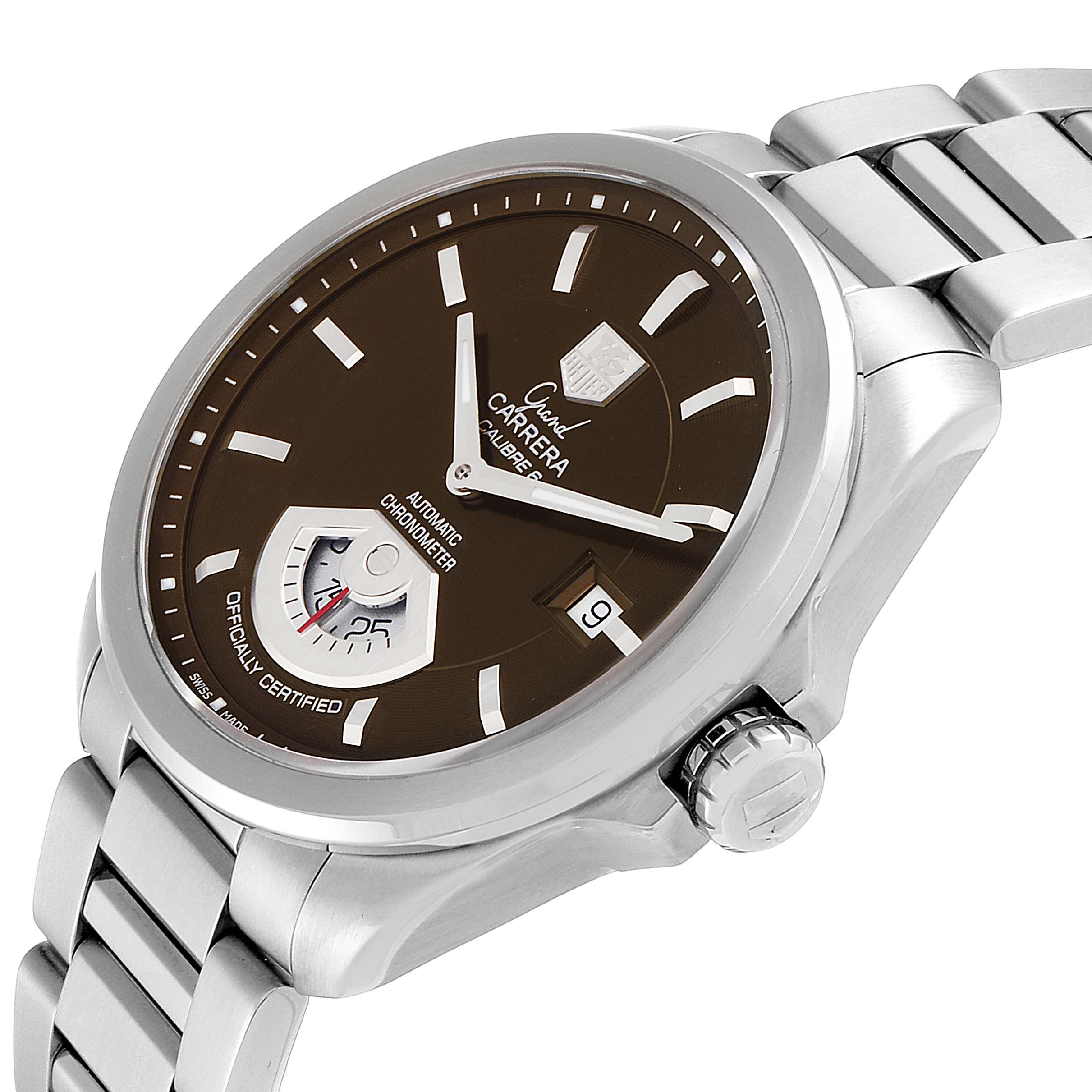 The image shows a Tag Heuer Carrera WAV511C.BA0900 Men's Stainless Steel Brown Dial WAV511C.BA0900 Men's Stainless Steel Brown Dial watch at a slight angle, highlighting the dial, bezel, crown, and part of the stainless steel bracelet.