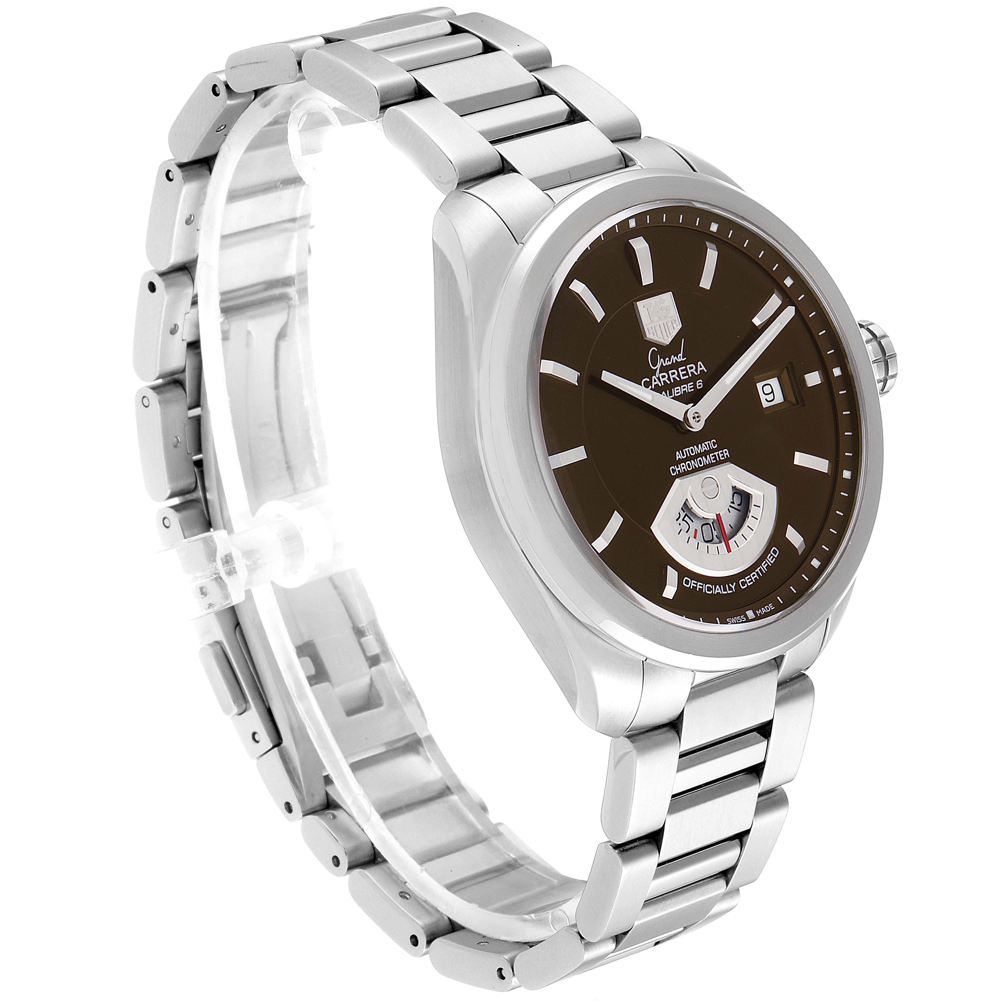 The image shows a side-angle view of a Tag Heuer Carrera WAV511C.BA0900 Men's Stainless Steel Brown Dial WAV511C.BA0900 Men's Stainless Steel Brown Dial watch with a metal bracelet and black dial.