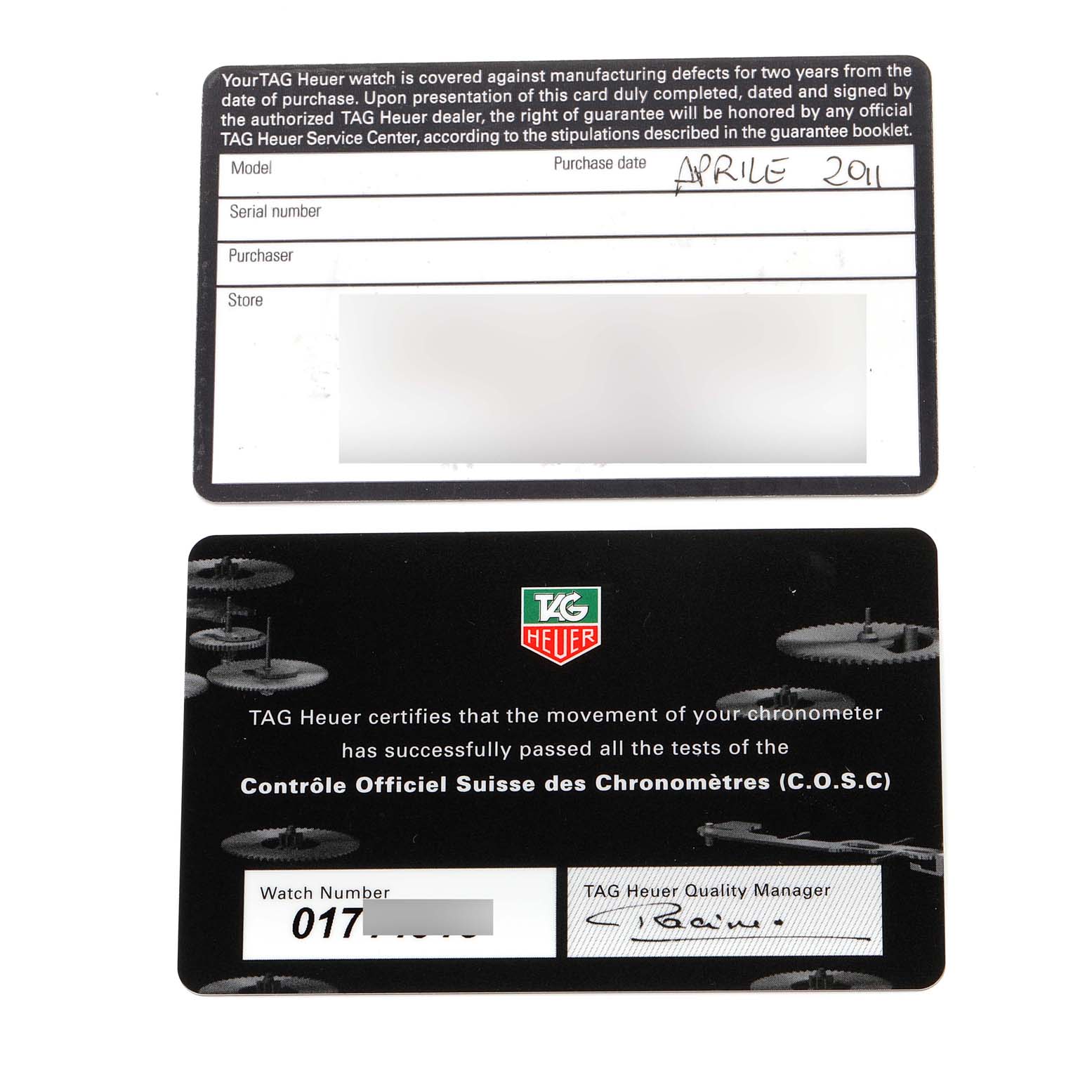 The image shows warranty and certification cards for a Tag Heuer Carrera WAV511C.BA0900 Men's Stainless Steel Brown Dial WAV511C.BA0900 Men's Stainless Steel Brown Dial watch, including purchase date and watch number.