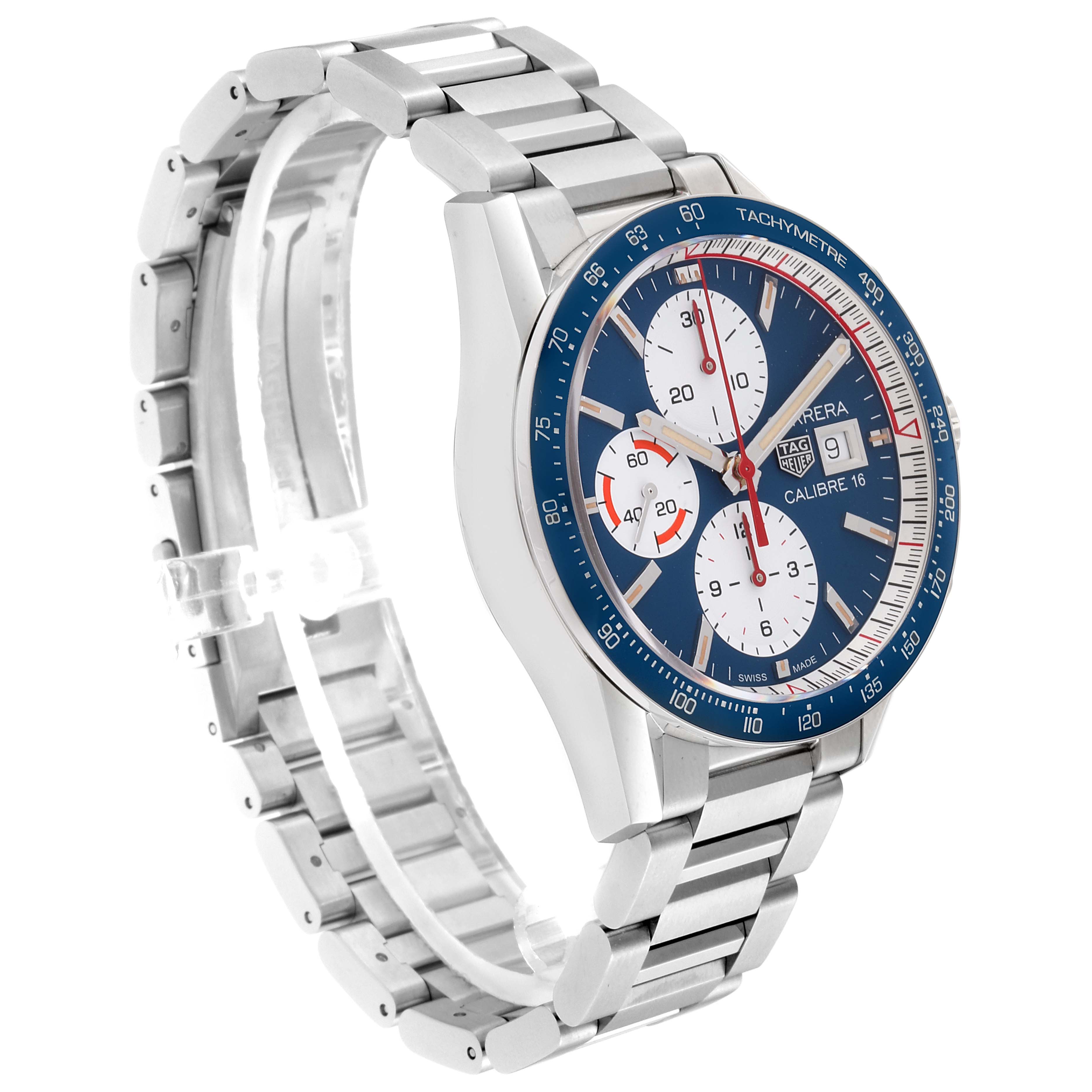 The image shows a side angle of the Tag Heuer Carrera CV201AR.BA0715 Men's Stainless Steel Blue Dial CV201AR.BA0715 Men's Stainless Steel Blue Dial, highlighting its stainless steel bracelet and blue dial.