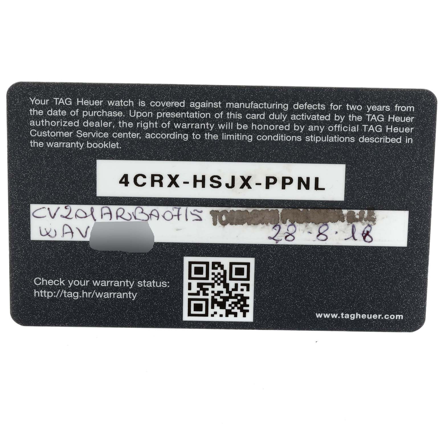 This image shows the warranty card for a Tag Heuer Carrera CV201AR.BA0715 Men's Stainless Steel Blue Dial CV201AR.BA0715 Men's Stainless Steel Blue Dial watch.