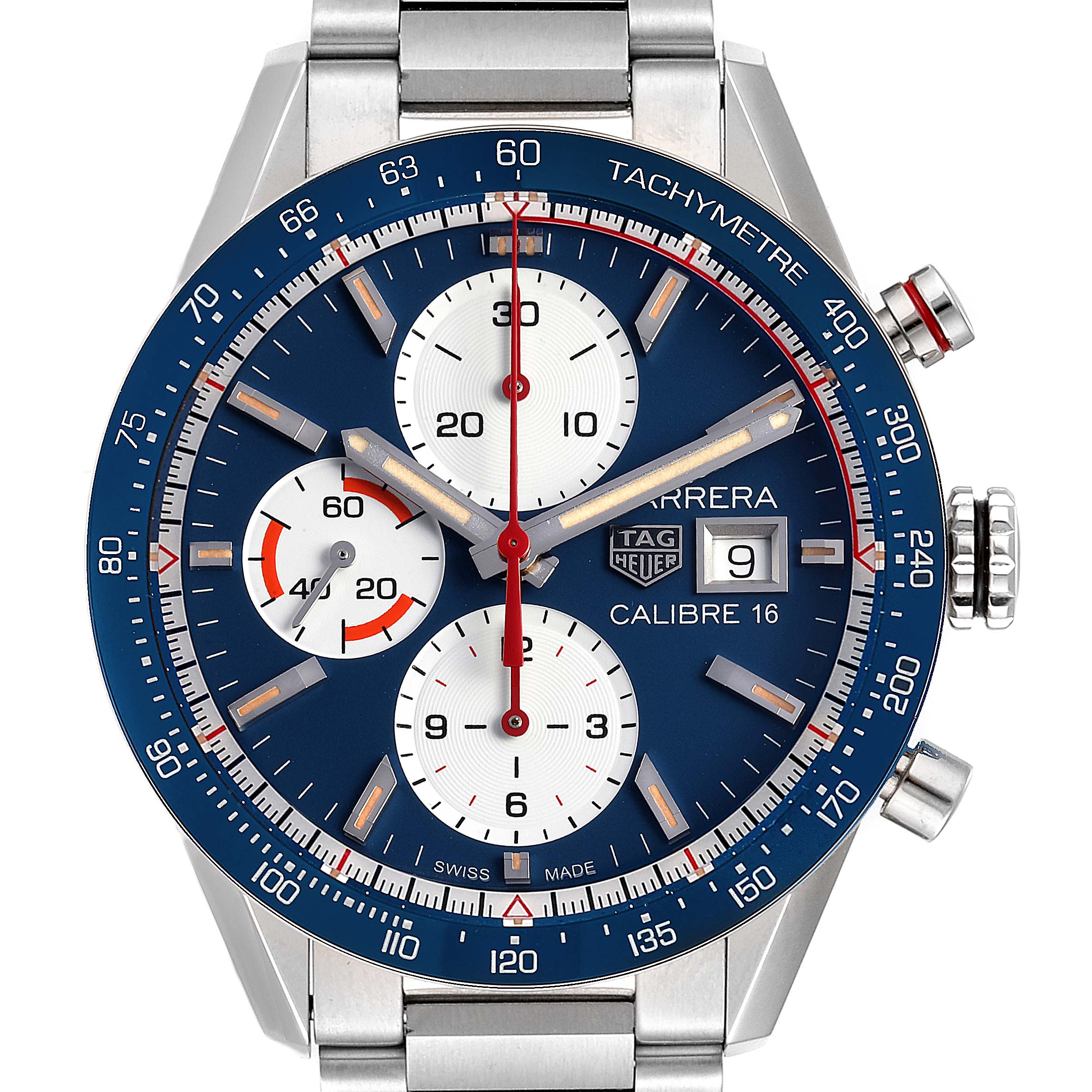The image shows a front view of the Tag Heuer Carrera CV201AR.BA0715 Men's Stainless Steel Blue Dial CV201AR.BA0715 Men's Stainless Steel Blue Dial watch featuring a blue dial with sub-dials, a date window, and a stainless steel bracelet.