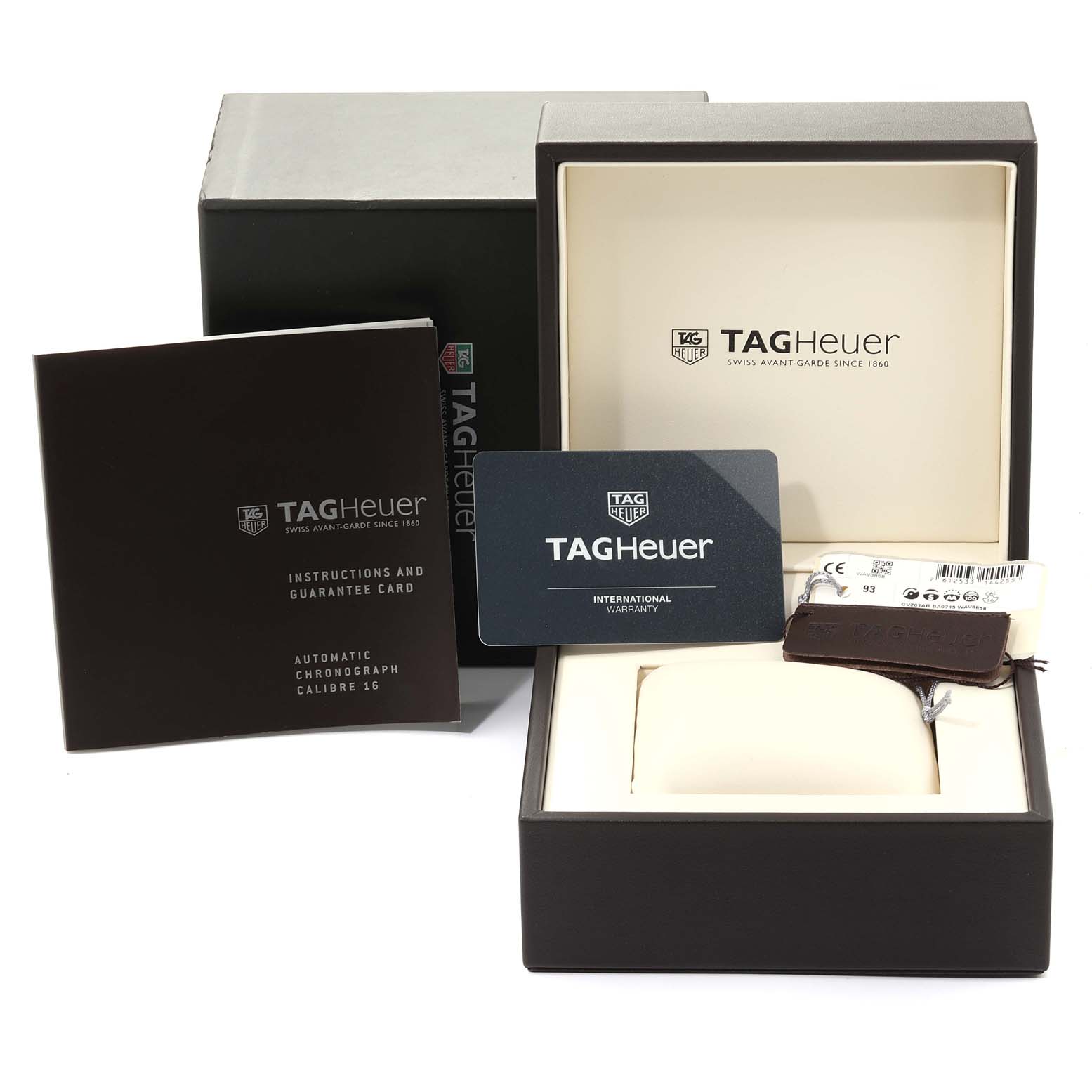 The image shows the packaging and accessories of a Tag Heuer Carrera CV201AR.BA0715 Men's Stainless Steel Blue Dial CV201AR.BA0715 Men's Stainless Steel Blue Dial watch, including boxes, documentation, and warranty card.