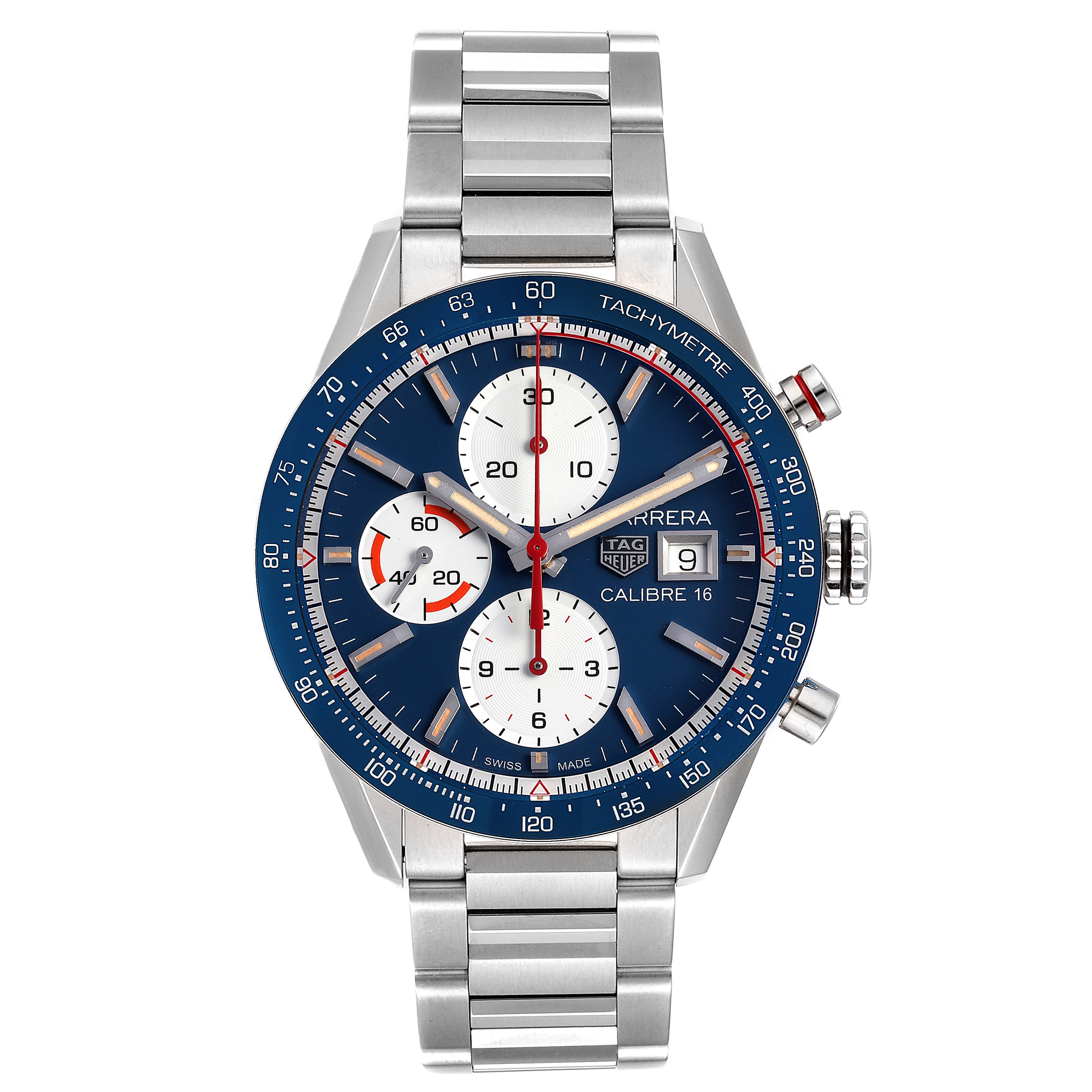 This image shows a front view of a Tag Heuer Carrera CV201AR.BA0715 Men's Stainless Steel Blue Dial CV201AR.BA0715 Men's Stainless Steel Blue Dial watch, displaying its face, bezel, and metal bracelet.