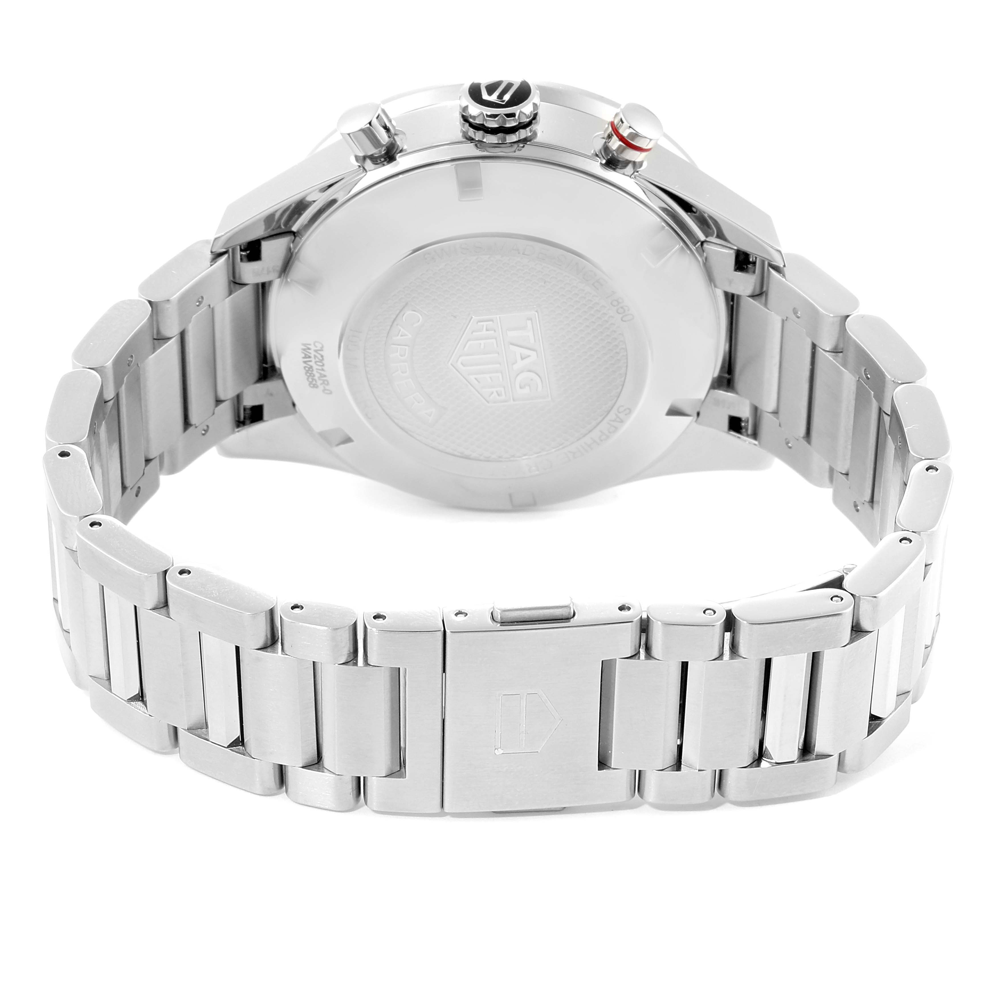 The image shows the back view of the Tag Heuer Carrera CV201AR.BA0715 Men's Stainless Steel Blue Dial CV201AR.BA0715 Men's Stainless Steel Blue Dial watch, focusing on the case back and stainless steel bracelet.