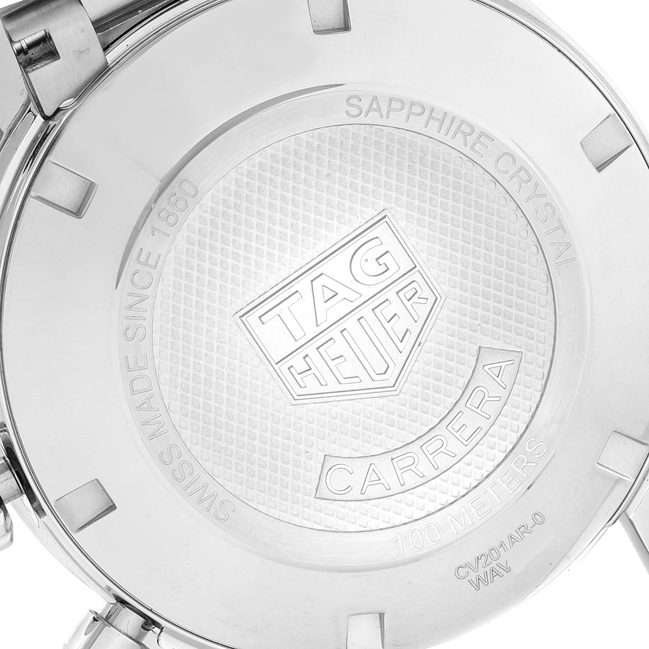 The image shows the back case of a Tag Heuer Carrera CV201AR.BA0715 Men's Stainless Steel Blue Dial CV201AR.BA0715 Men's Stainless Steel Blue Dial watch, highlighting its branding and specifications.