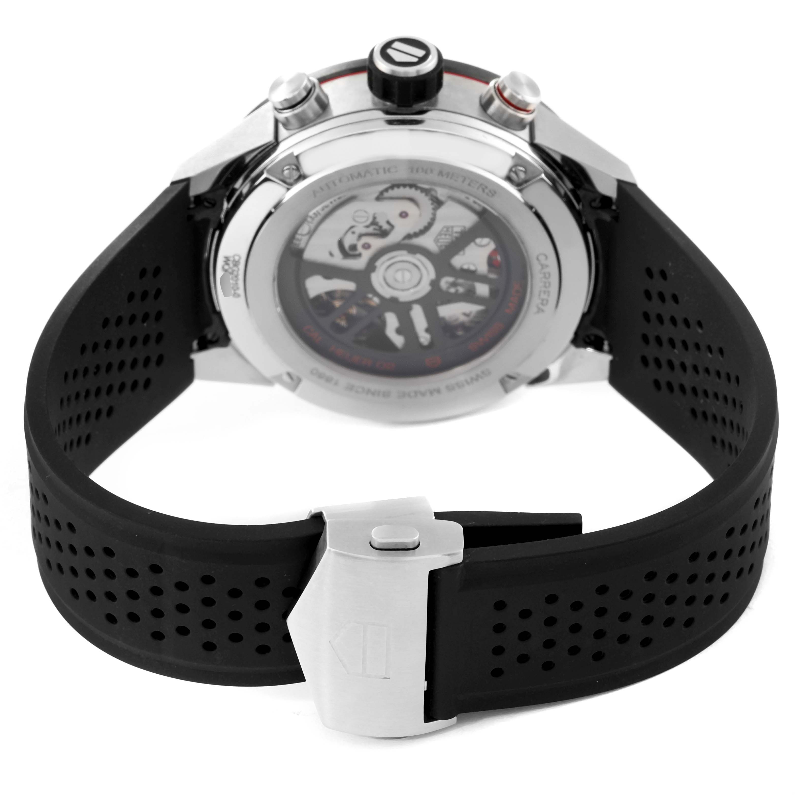 The image shows the backside of the Carrera model by Tag Heuer, including the case back, strap, and clasp.