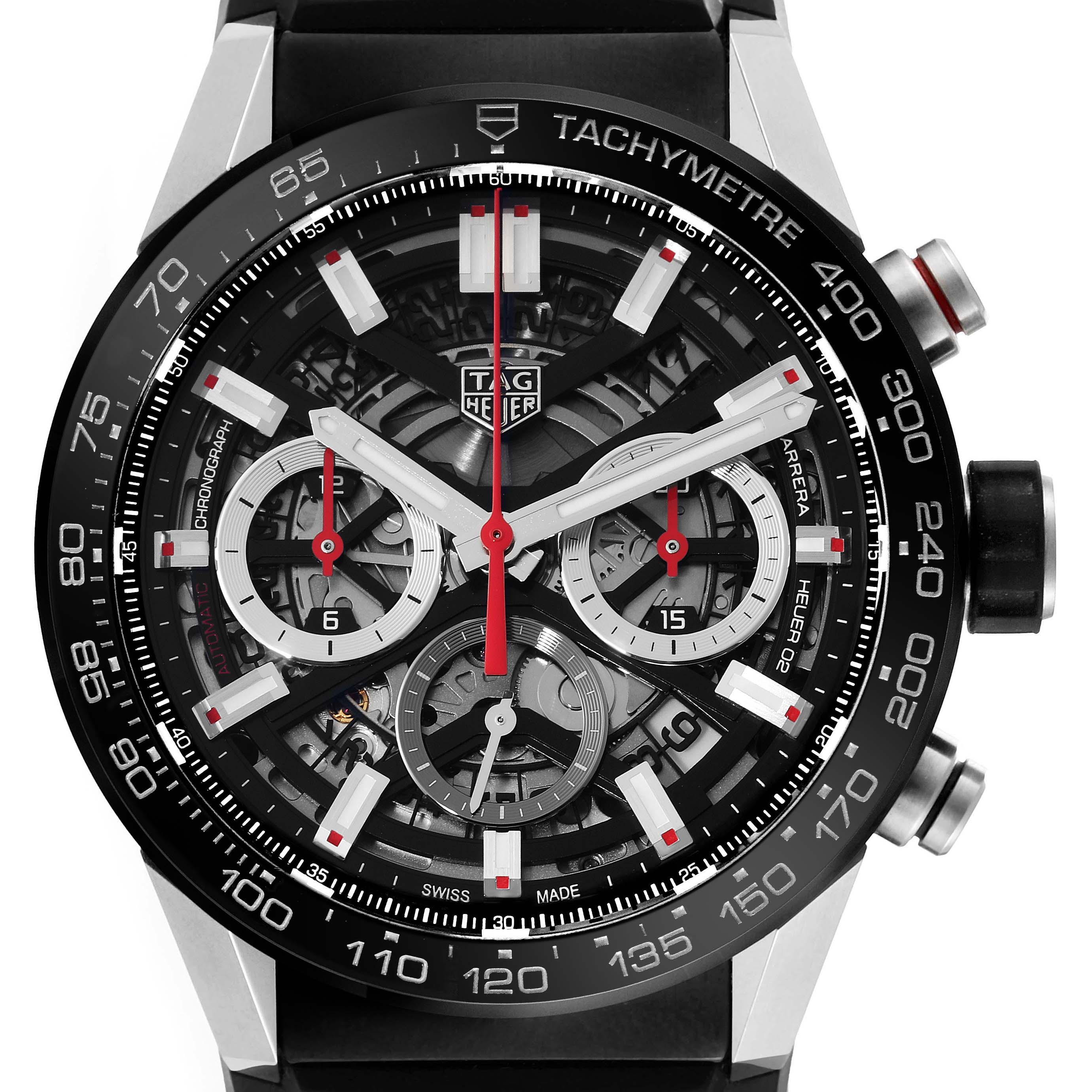The image displays a frontal view of the Tag Heuer Carrera CBG2010 Men's Stainless Steel Transparent Dial CBG2010 Men's Stainless Steel Transparent Dial watch, showcasing its intricate dial and chronograph features.