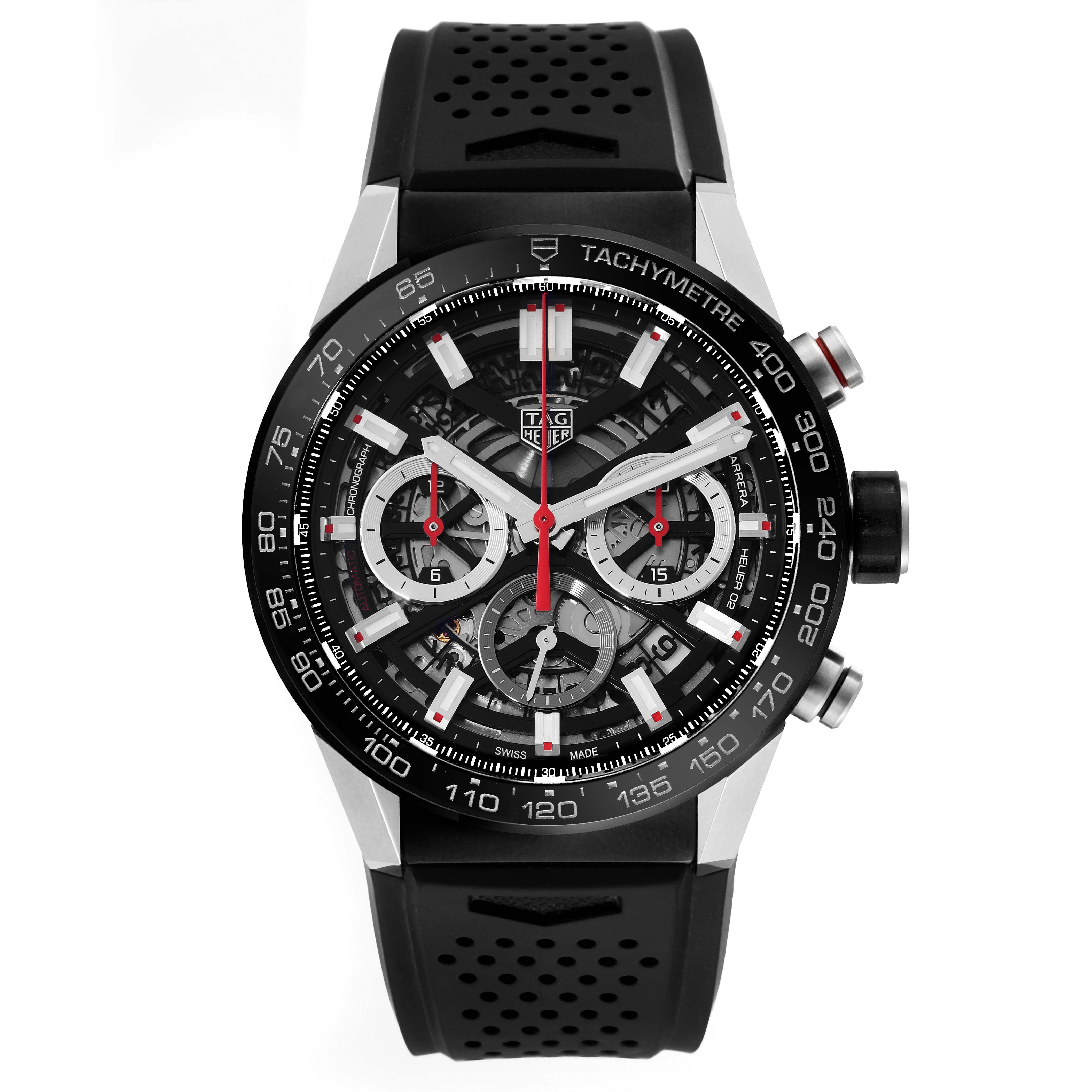 This image shows a frontal view of the Tag Heuer Carrera CBG2010 Men's Stainless Steel Transparent Dial CBG2010 Men's Stainless Steel Transparent Dial watch, highlighting its face, bezel, and perforated rubber strap.