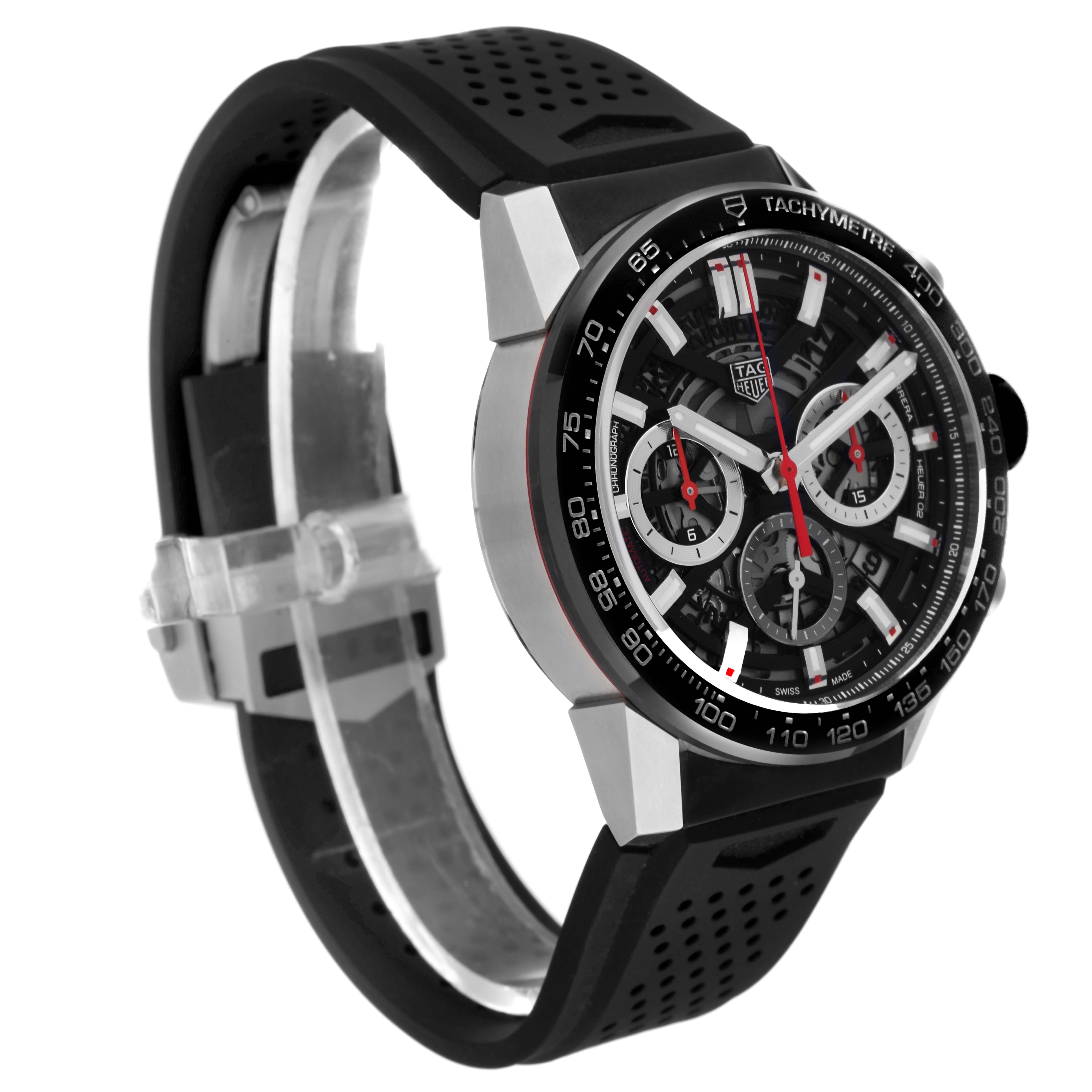 The image shows a side angle view of the Tag Heuer Carrera CBG2010 Men's Stainless Steel Transparent Dial CBG2010 Men's Stainless Steel Transparent Dial watch, highlighting its face, strap, and tachymeter bezel.