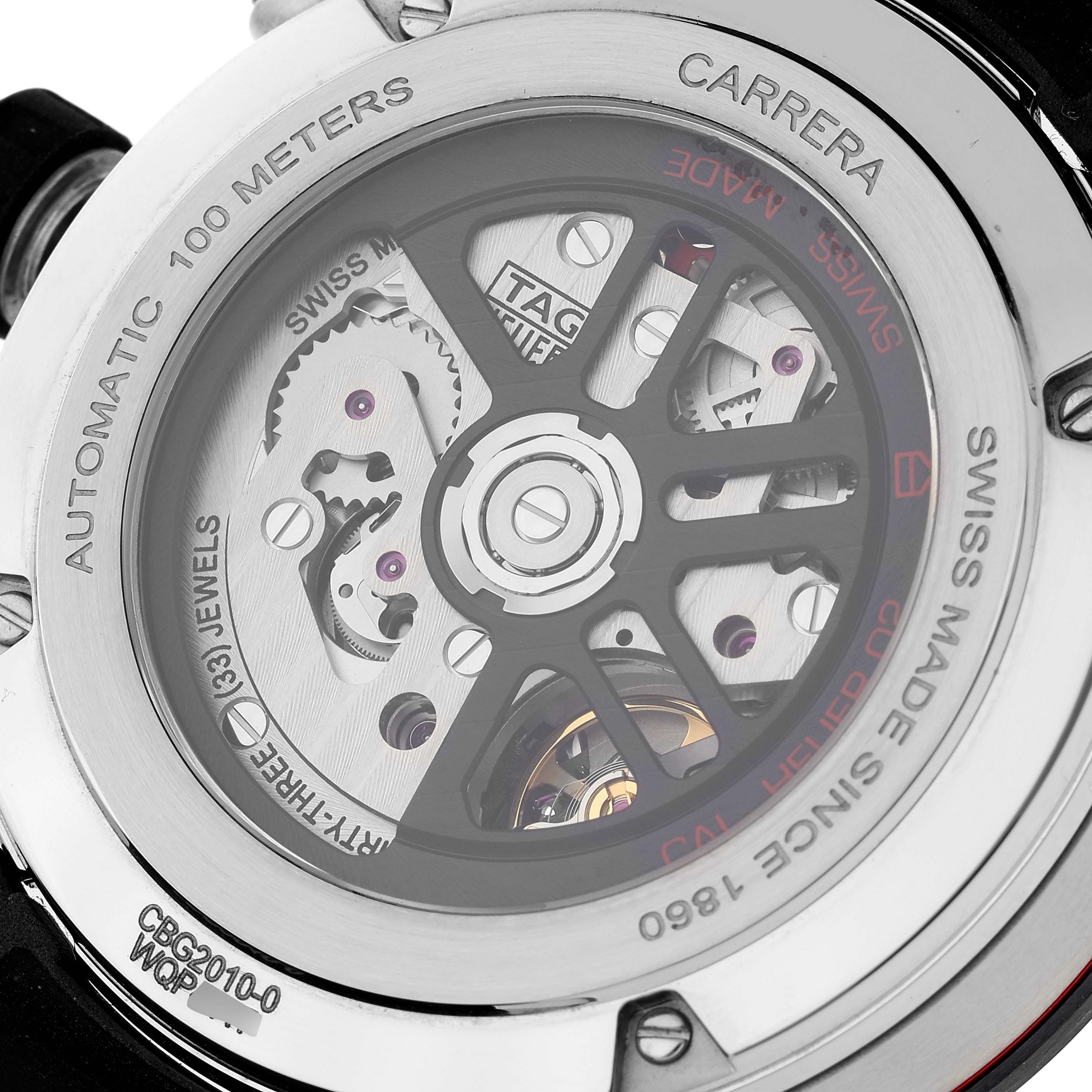 The image shows the back view of a Tag Heuer Carrera CBG2010 Men's Stainless Steel Transparent Dial CBG2010 Men's Stainless Steel Transparent Dial watch, highlighting its automatic movement and internal mechanisms.