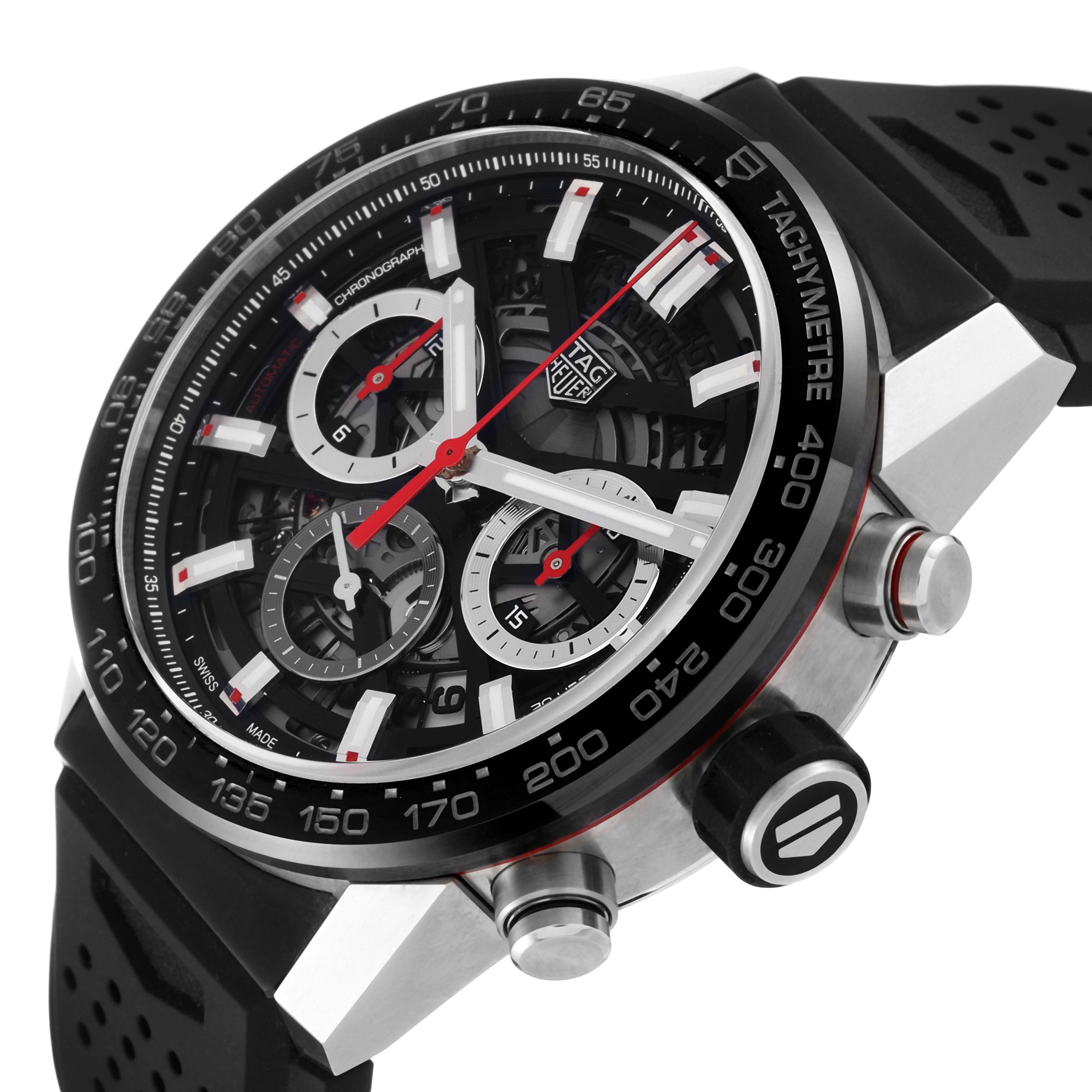 This image shows a close-up, angled view of a Tag Heuer Carrera CBG2010 Men's Stainless Steel Transparent Dial CBG2010 Men's Stainless Steel Transparent Dial watch, highlighting its black dial, chronograph subdials, tachymeter bezel, and pushers.