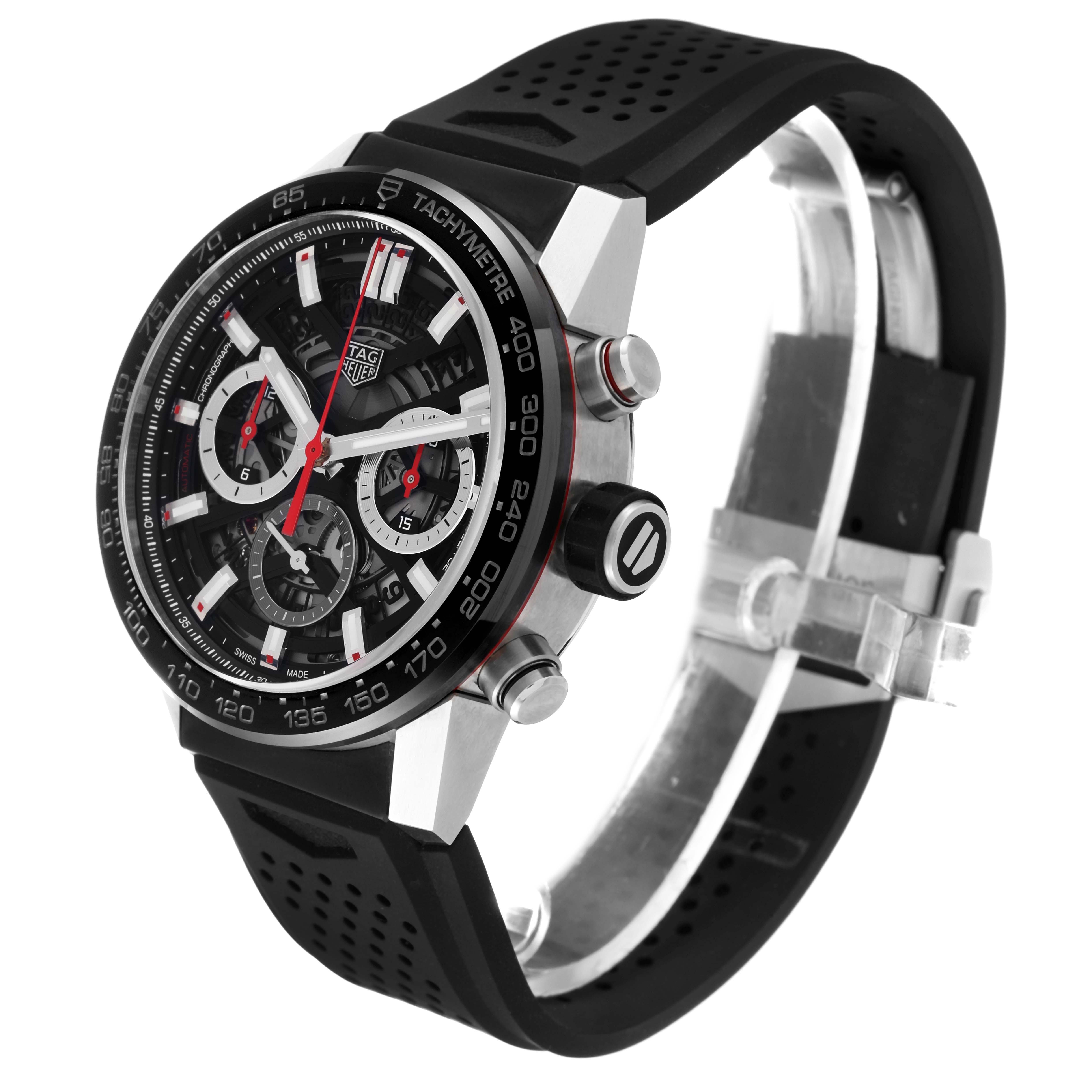 The image shows a Tag Heuer Carrera CBG2010 Men's Stainless Steel Transparent Dial CBG2010 Men's Stainless Steel Transparent Dial model watch at a three-quarter angle highlighting its face, bezel, and black strap.