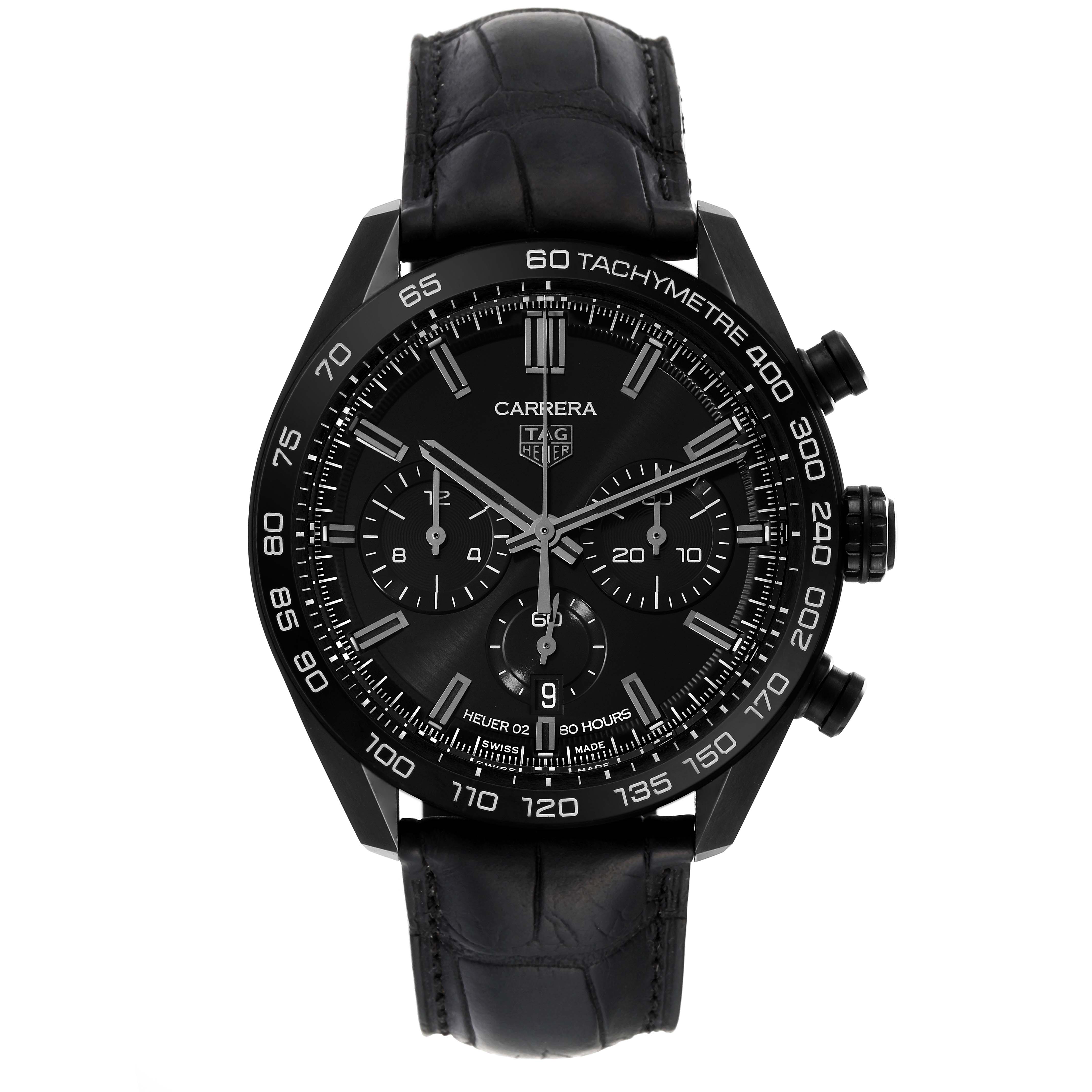 The image shows a front view of the Tag Heuer Carrera CBN2A1G.FC6501 Men's Stainless Steel Black Dial CBN2A1G.FC6501 Men's Stainless Steel Black Dial watch with a detailed look at the dial and leather strap.