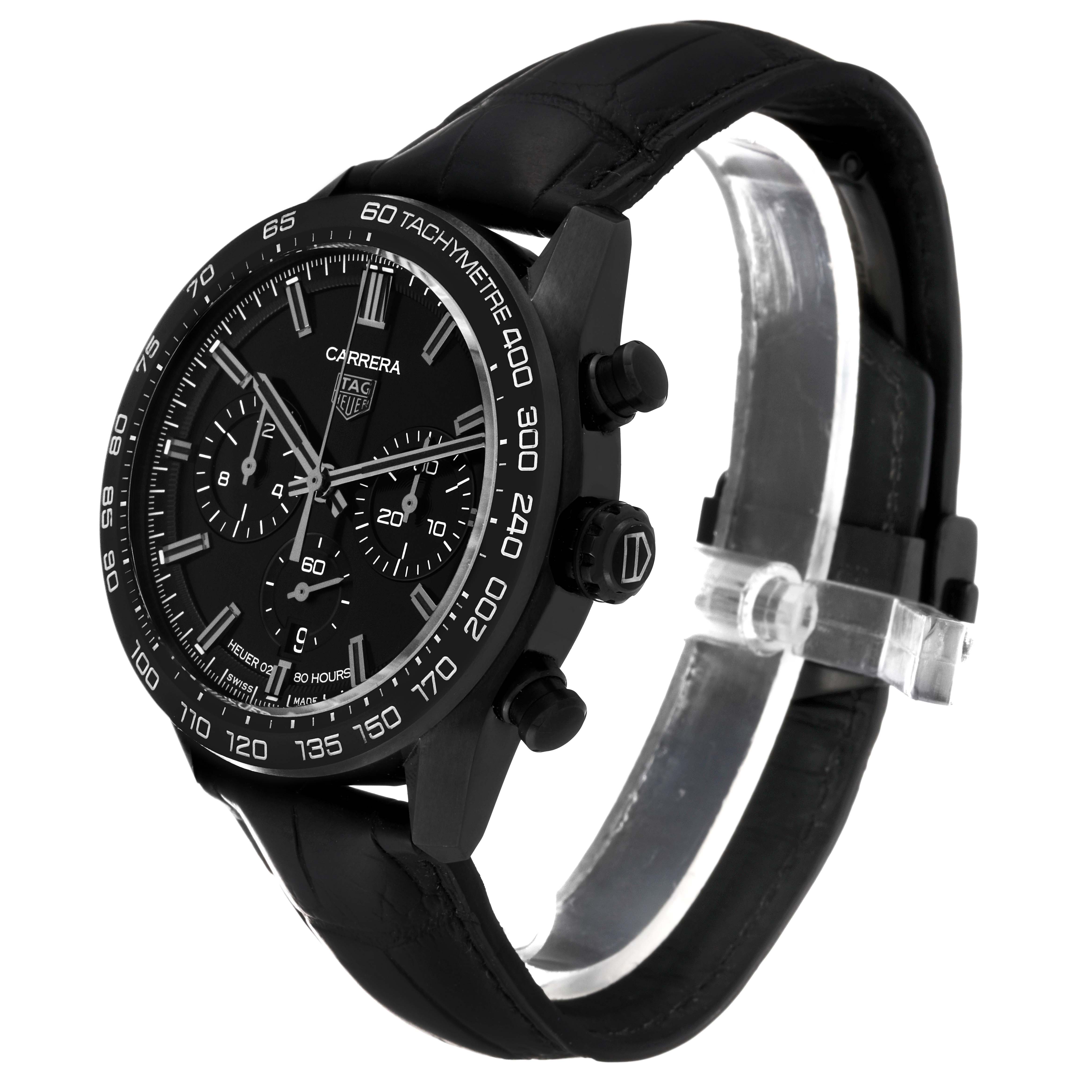 The Tag Heuer Carrera CBN2A1G.FC6501 Men's Stainless Steel Black Dial CBN2A1G.FC6501 Men's Stainless Steel Black Dial watch is shown at a three-quarter angle, highlighting its black dial, tachymeter bezel, and leather strap.