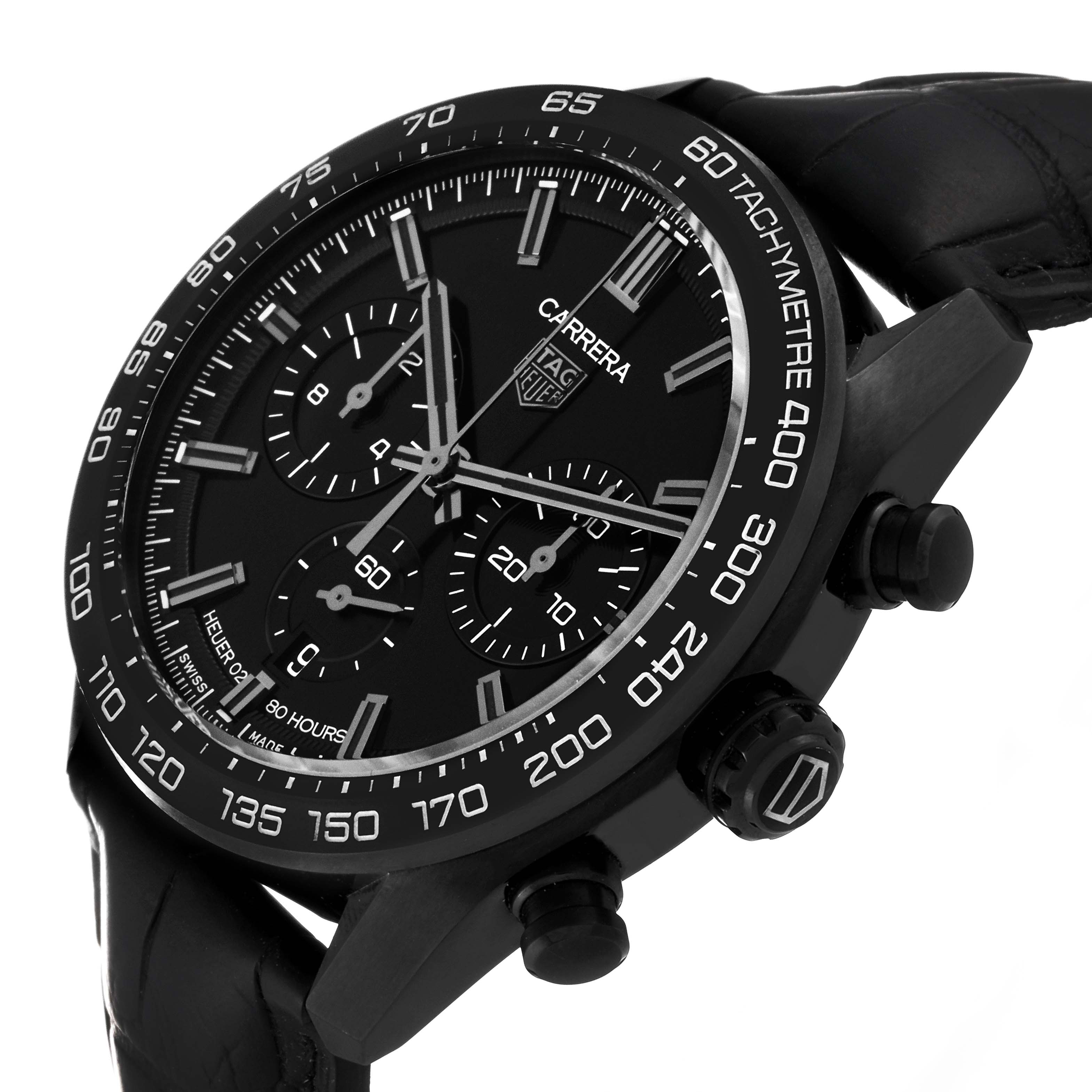 The image shows a close-up angled view of the dial, crown, and part of the strap of a Tag Heuer Carrera CBN2A1G.FC6501 Men's Stainless Steel Black Dial CBN2A1G.FC6501 Men's Stainless Steel Black Dial watch.