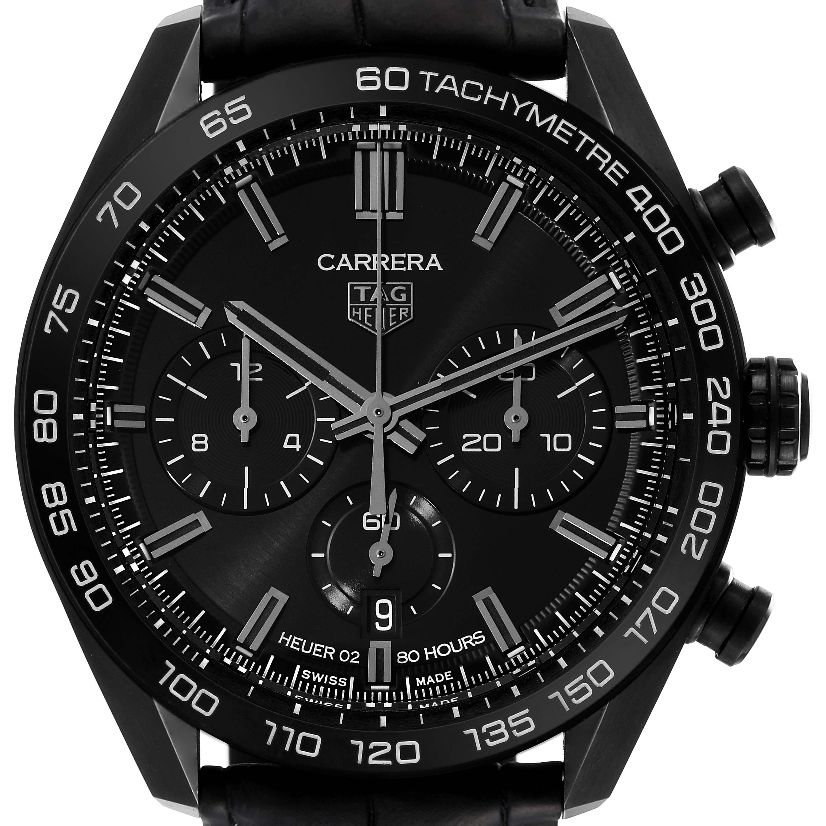 This image shows a close-up of the Tag Heuer Carrera CBN2A1G.FC6501 Men's Stainless Steel Black Dial CBN2A1G.FC6501 Men's Stainless Steel Black Dial watch face featuring a tachymeter scale and chronograph subdials.