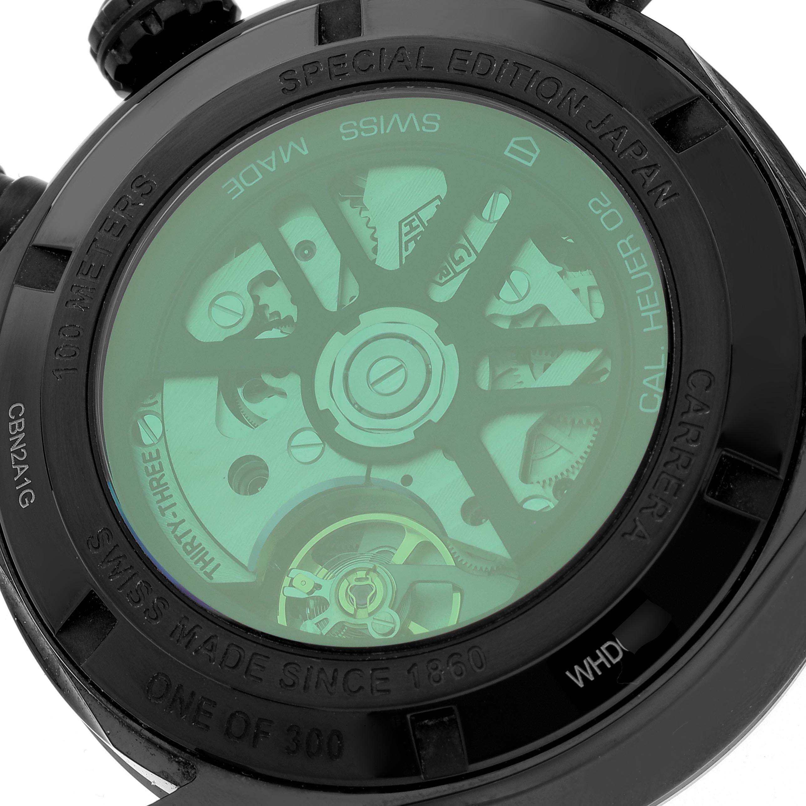 The image shows the back view of a Tag Heuer Carrera CBN2A1G.FC6501 Men's Stainless Steel Black Dial CBN2A1G.FC6501 Men's Stainless Steel Black Dial watch, highlighting its inner mechanics and special edition engraving.