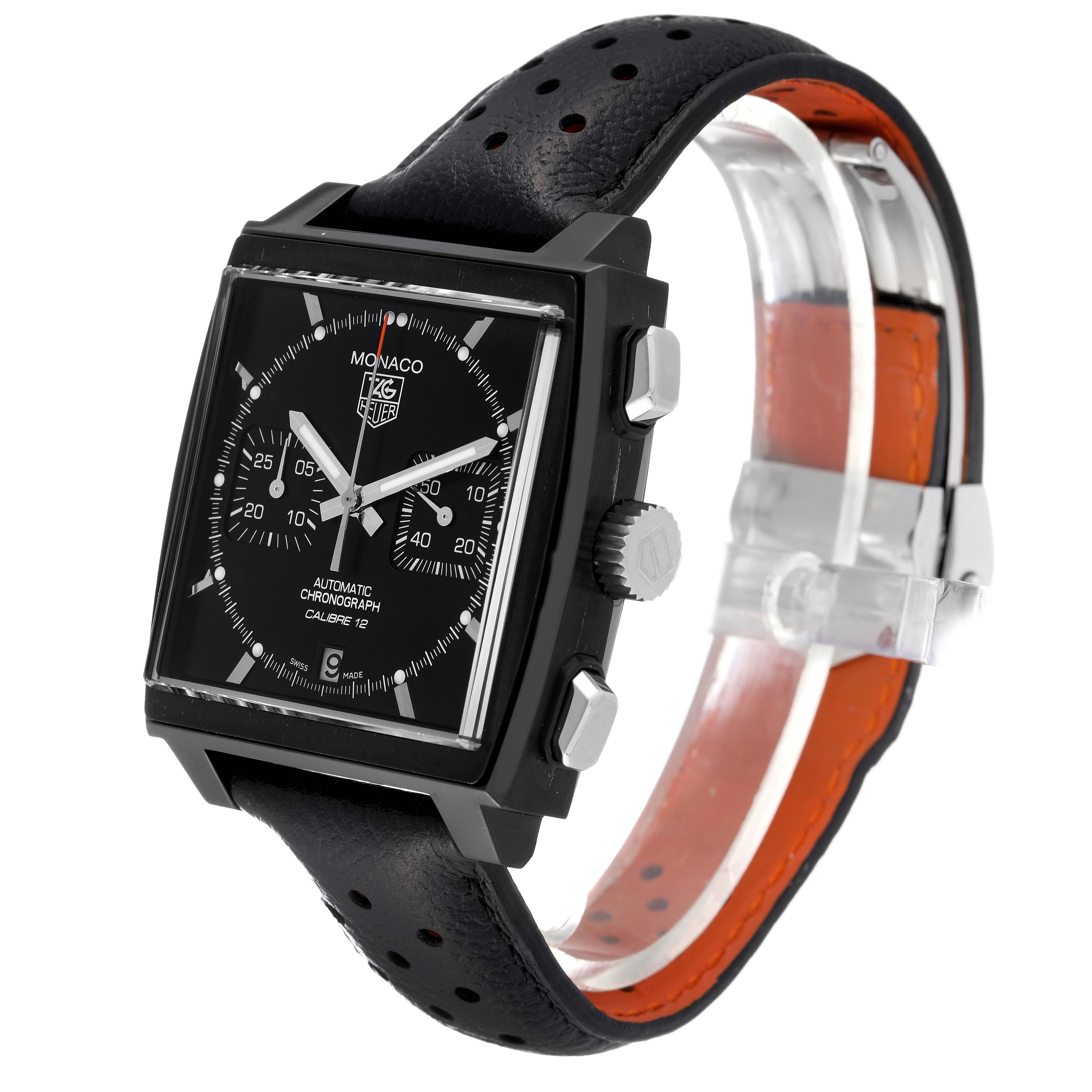 The Tag Heuer Monaco Limited Edition watch is shown from an angled view highlighting the square face, chronograph dials, black strap, and side buttons.