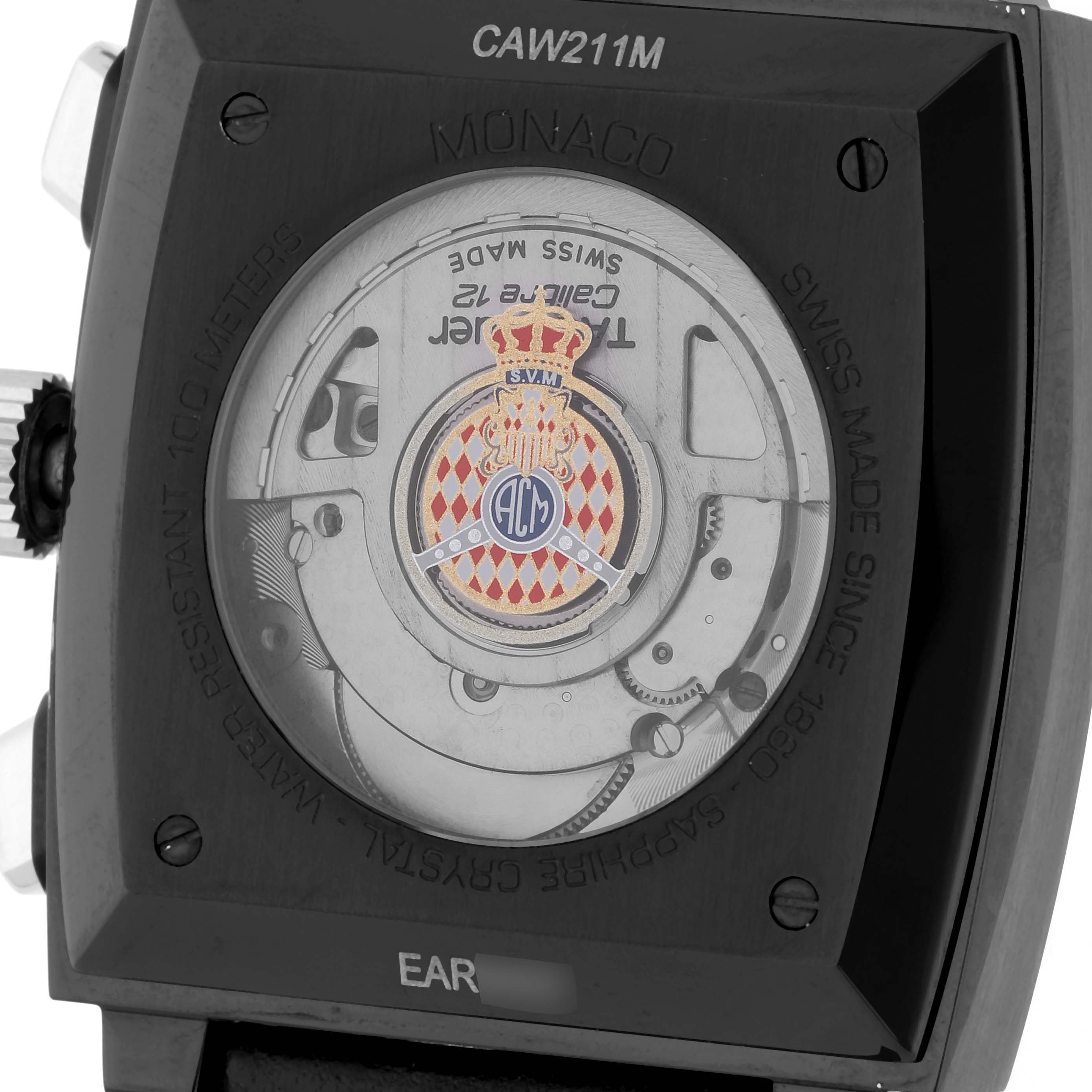 This is the back view of the Limited Edition Tag Heuer Monaco CAW211M watch, displaying the movement through the transparent case back.
