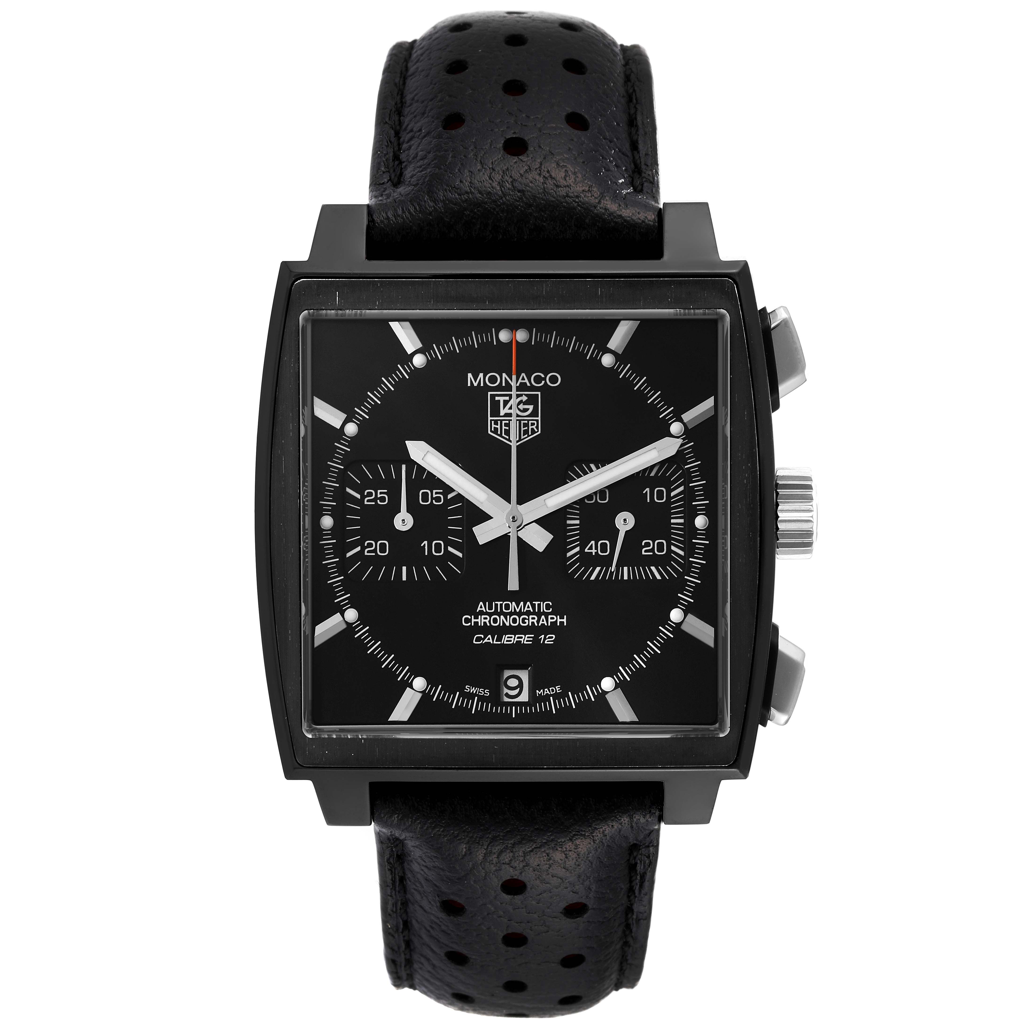 This image shows a front view of the Tag Heuer Monaco Limited Edition watch, highlighting its black dial and leather strap.