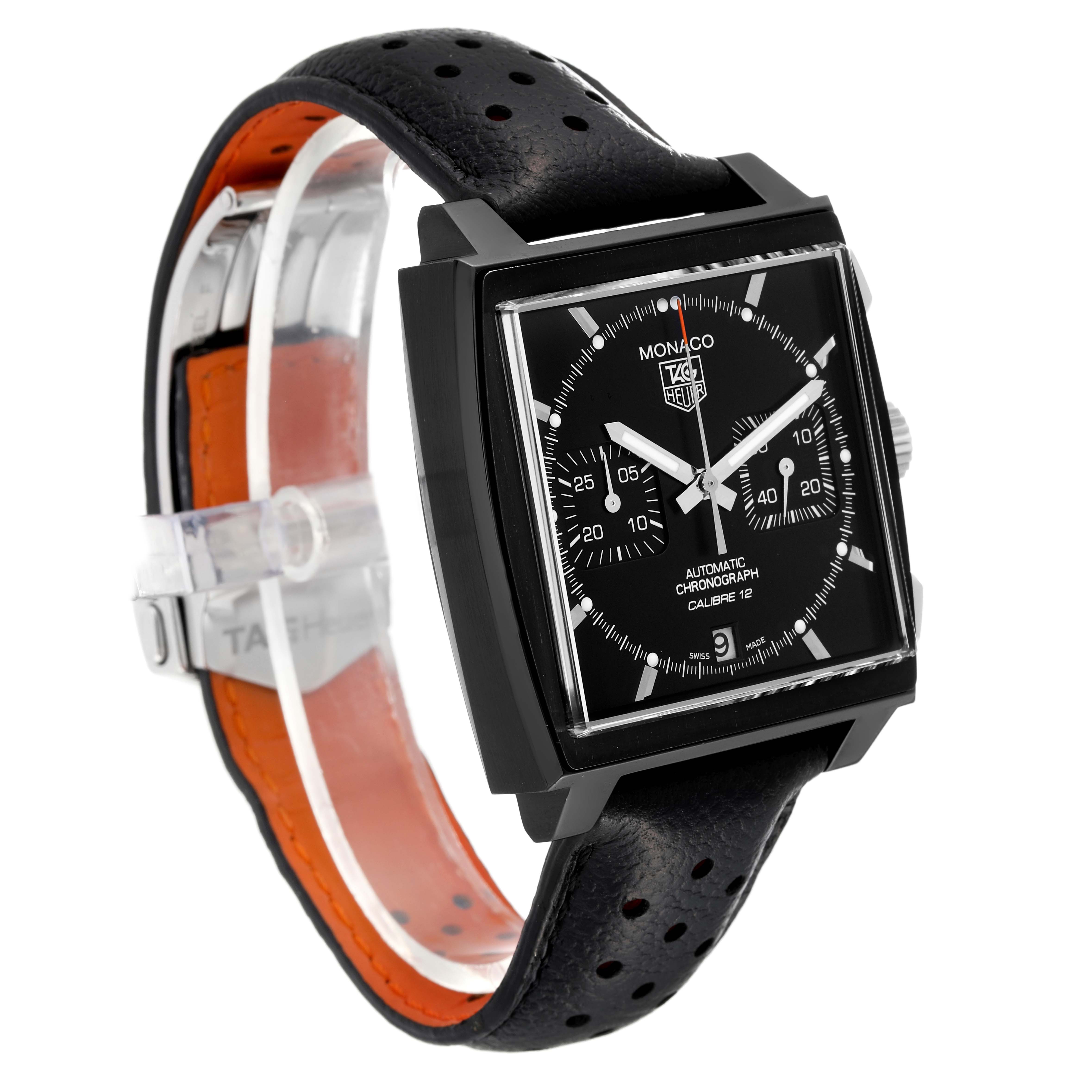 The image shows a Tag Heuer Monaco Limited Edition watch at a 3/4 front angle, showcasing the face, strap, and crown.