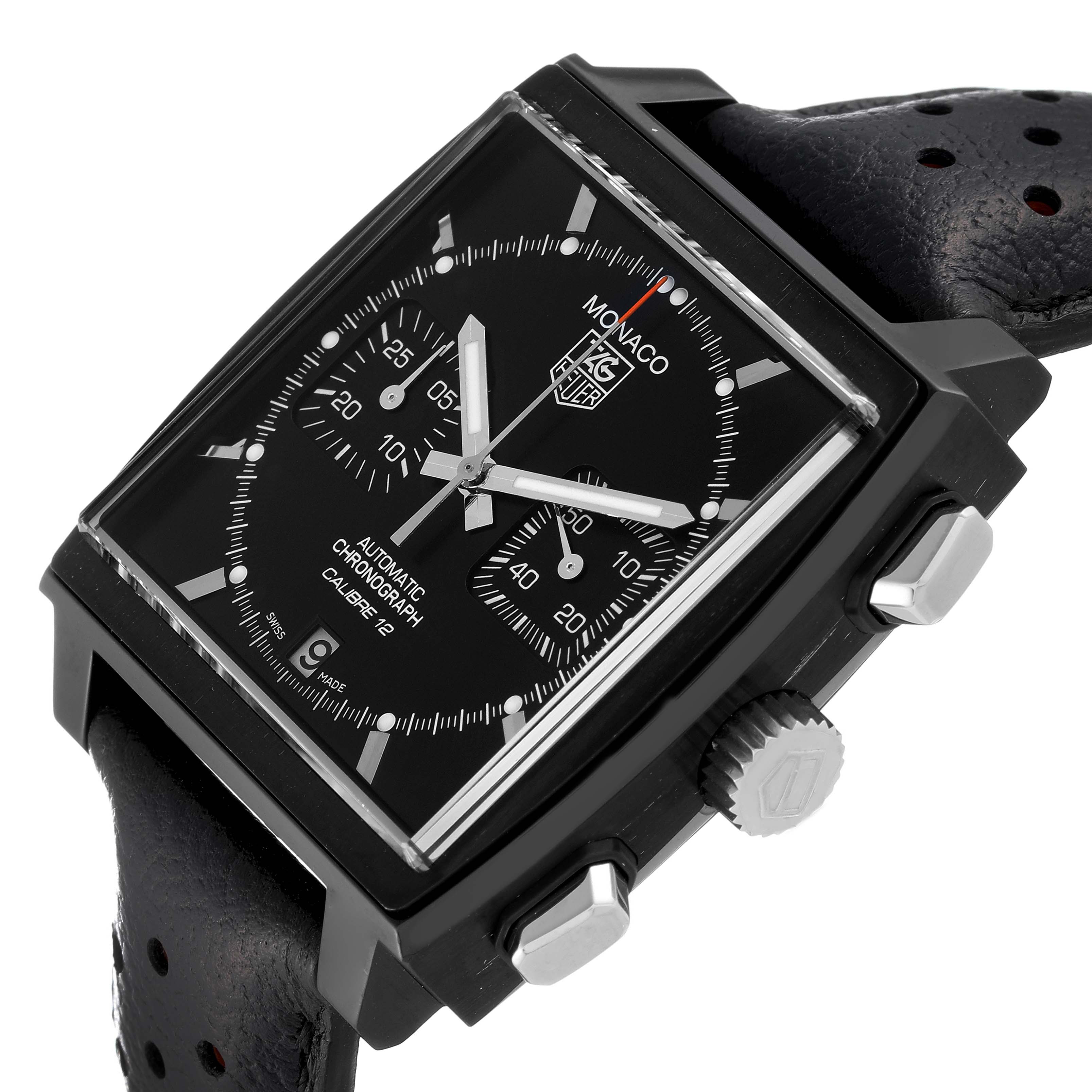 This image shows a tilted view of the Tag Heuer Monaco Limited Edition watch, highlighting its face, chronograph dials, and crown.