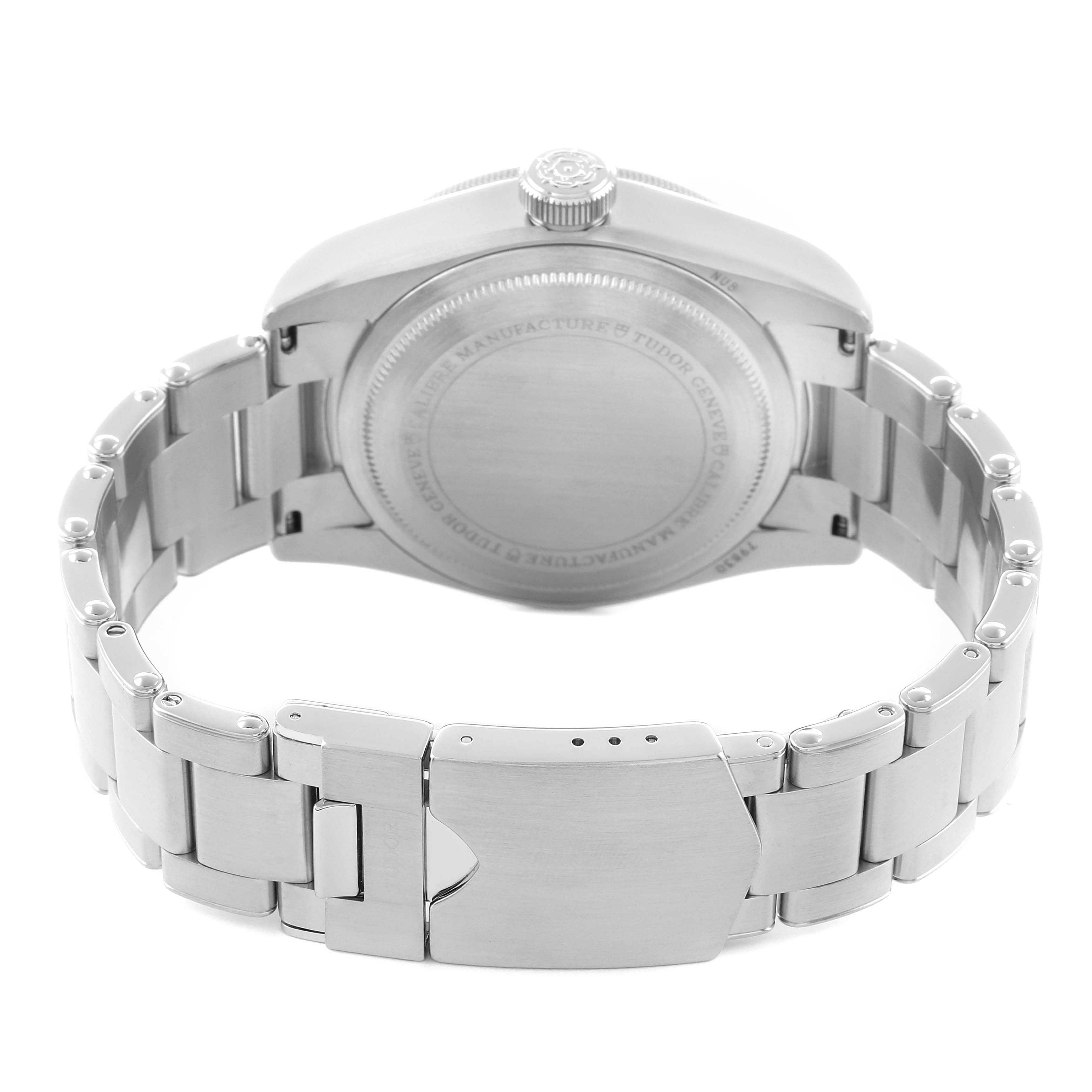 The image shows the back view of the Tudor Heritage Black Bay 79830RB Men
s Stainless Steel Black Dial watch, focusing on the case back and bracelet clasp.