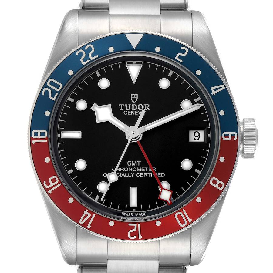 The Tudor Heritage Black Bay 79830RB Men's Stainless Steel Black Dial watch is shown from the front, displaying the dial, hands, bezel, and crown.
