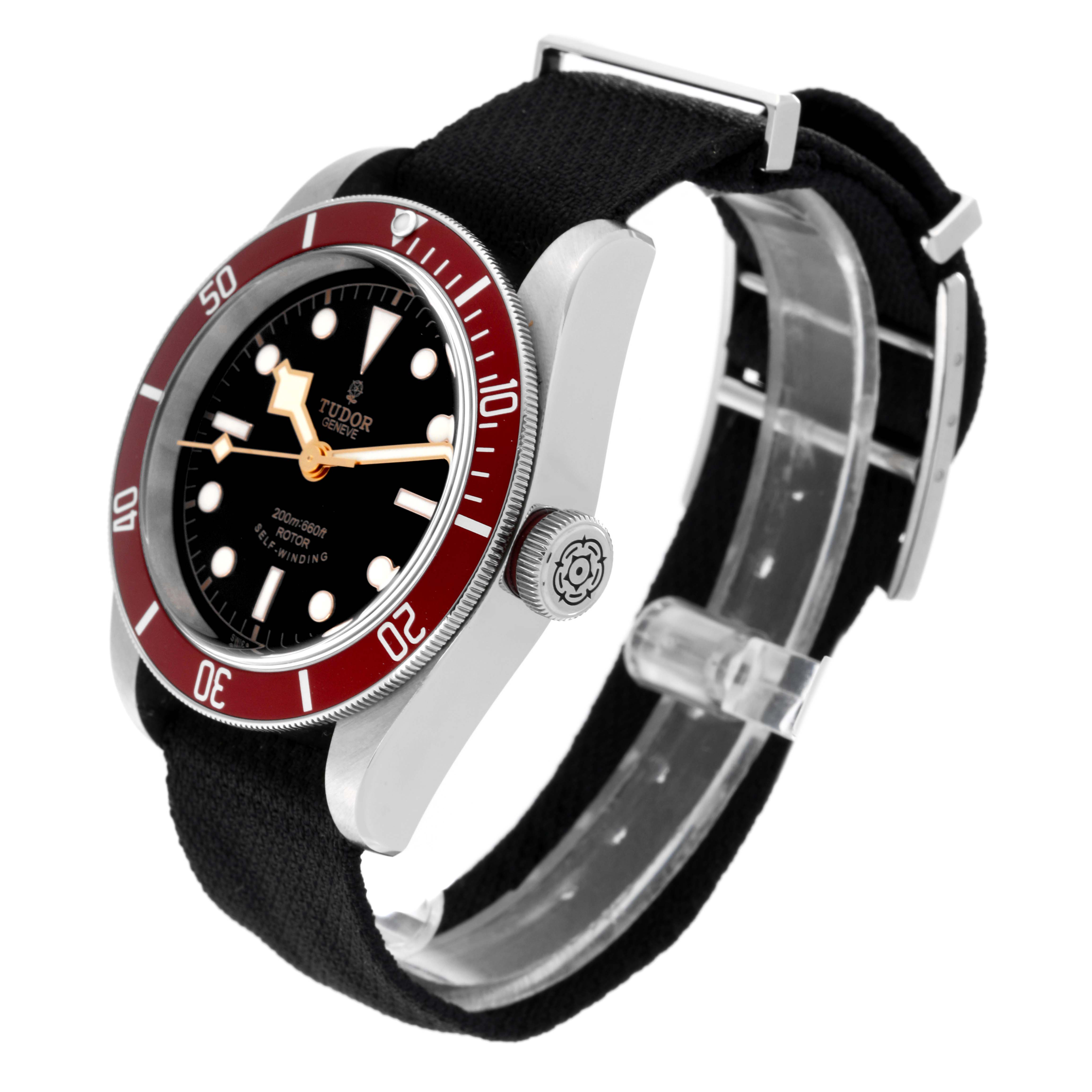 The Tudor Heritage Black Bay 79220R Men's Stainless Steel Black Dial 79220R Men's Stainless Steel Black Dial watch is shown at a three-quarter angle, highlighting the bezel, dial, crown, and strap.