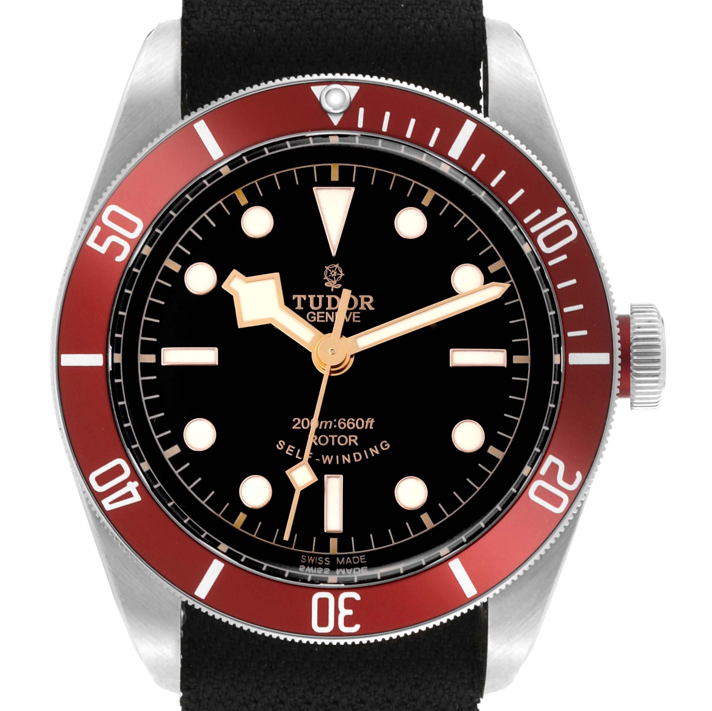 The image shows a front view of the Tudor Heritage Black Bay 79220R Men's Stainless Steel Black Dial 79220R Men's Stainless Steel Black Dial watch, highlighting its black dial, red bezel, and crown.