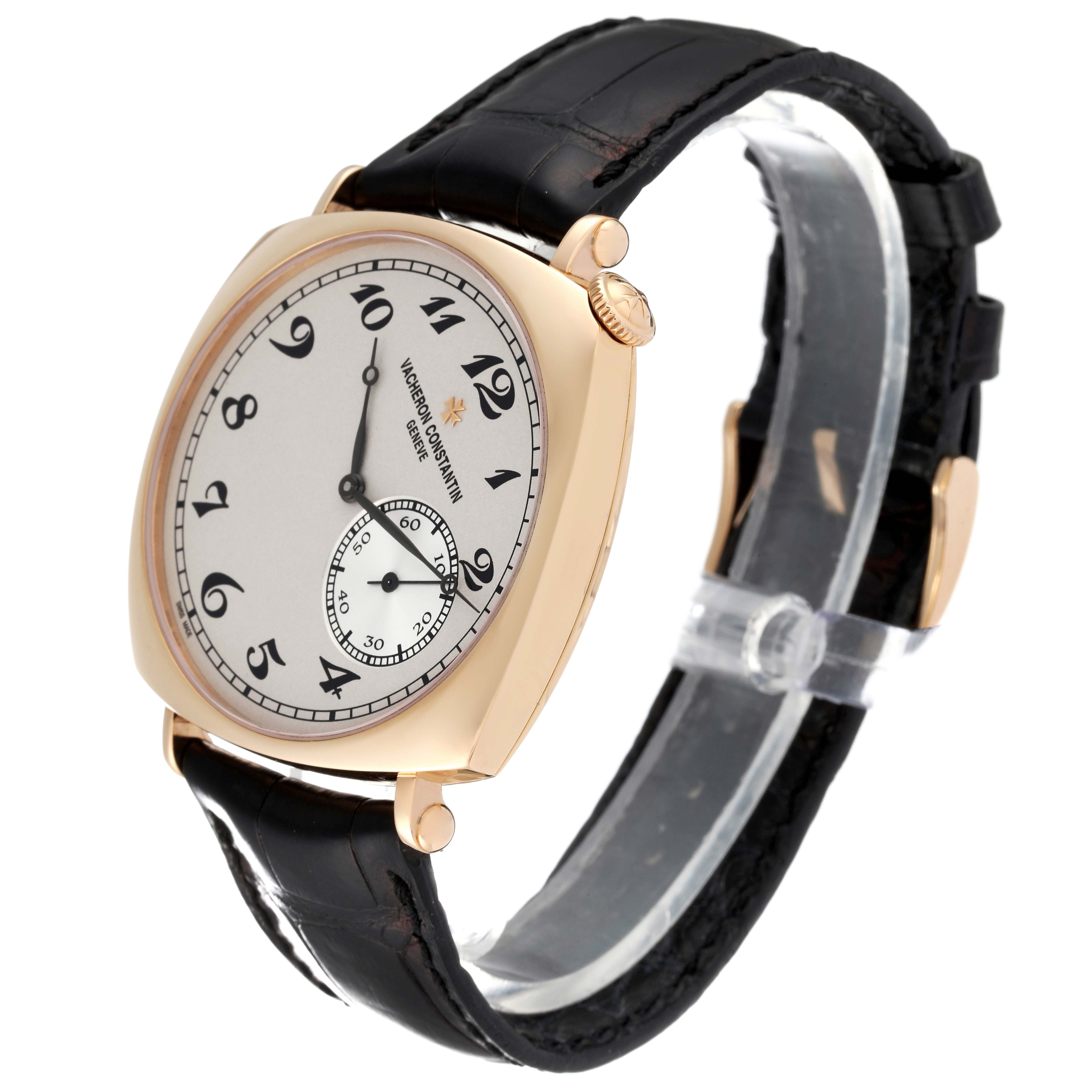 The Vacheron Constantin Historiques 82035/000J-9964 Men
s Yellow Gold Silver Dial 82035/000J-9964 Men
s Yellow Gold Silver Dial watch is shown at an angled side view, displaying the face, dial, case, crown, and strap.