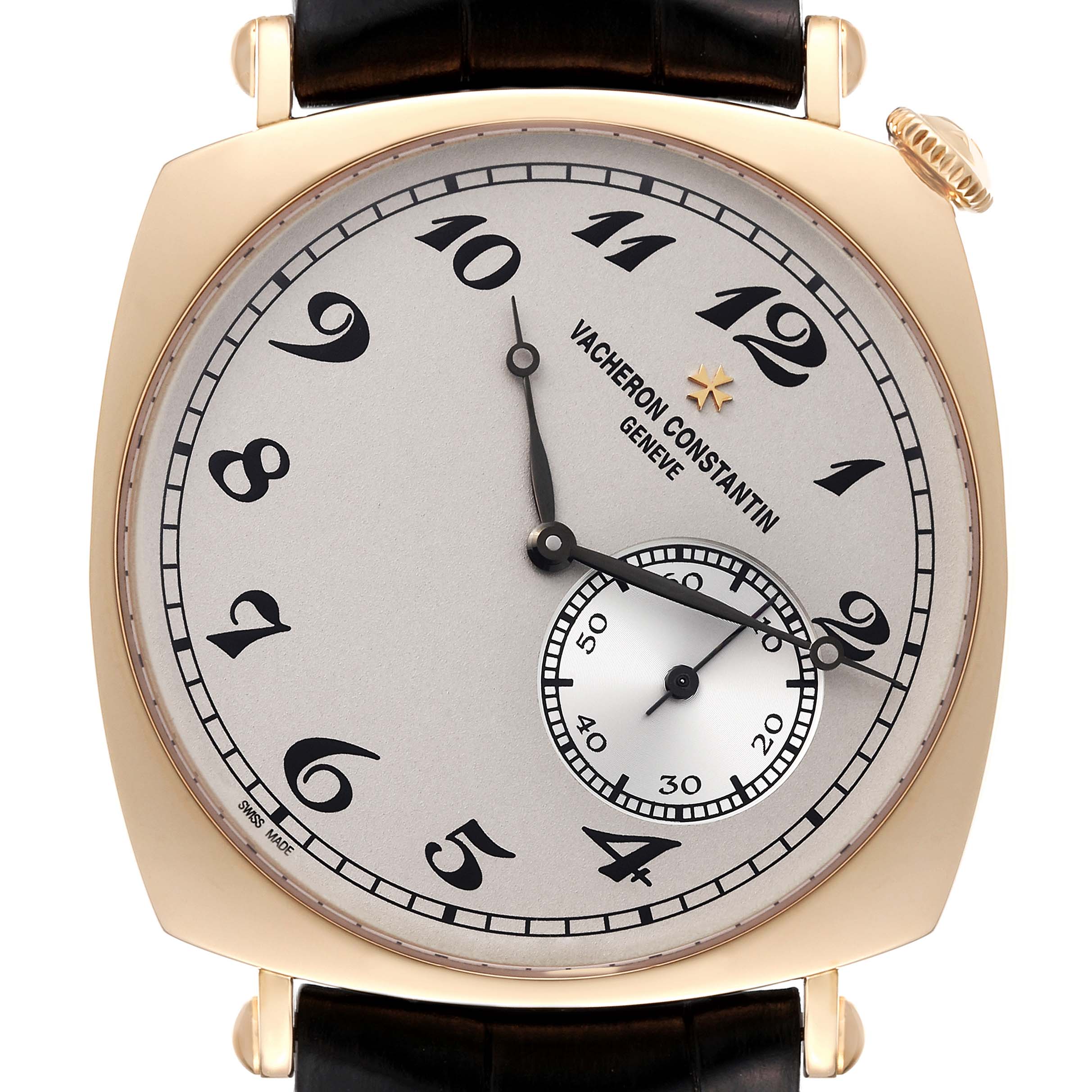 The image shows a front view of a Vacheron Constantin Historiques 82035/000J-9964 Men
s Yellow Gold Silver Dial 82035/000J-9964 Men
s Yellow Gold Silver Dial watch, highlighting its dial, hands, case, and leather strap.