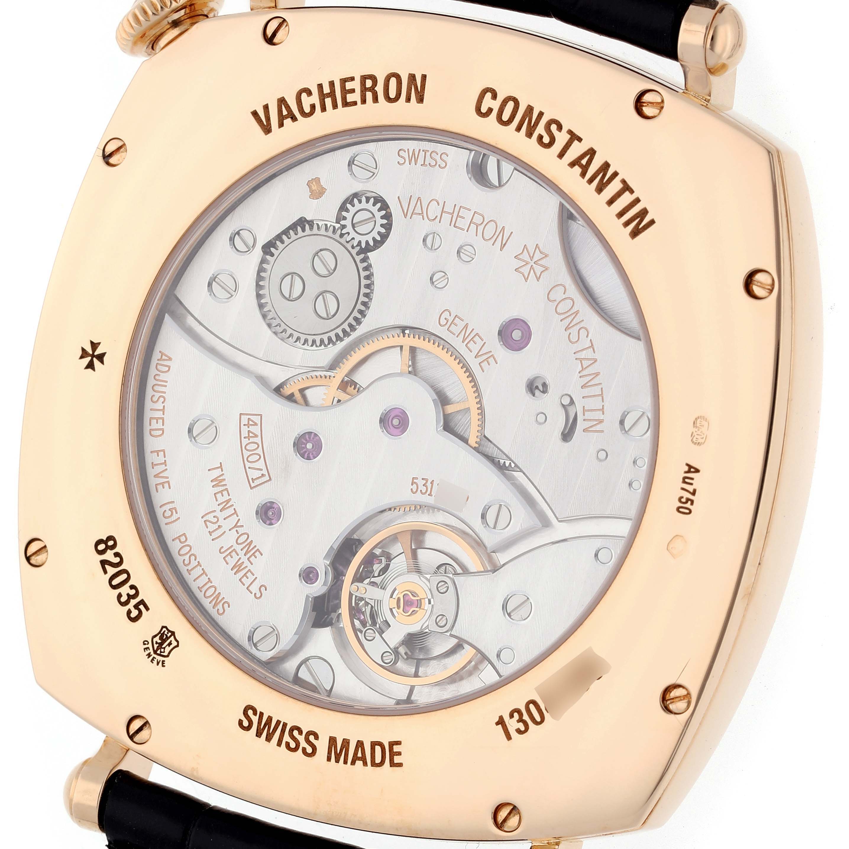 The image shows the back view of a Vacheron Constantin Historiques 82035/000J-9964 Men
s Yellow Gold Silver Dial 82035/000J-9964 Men
s Yellow Gold Silver Dial watch, displaying its internal mechanical components.