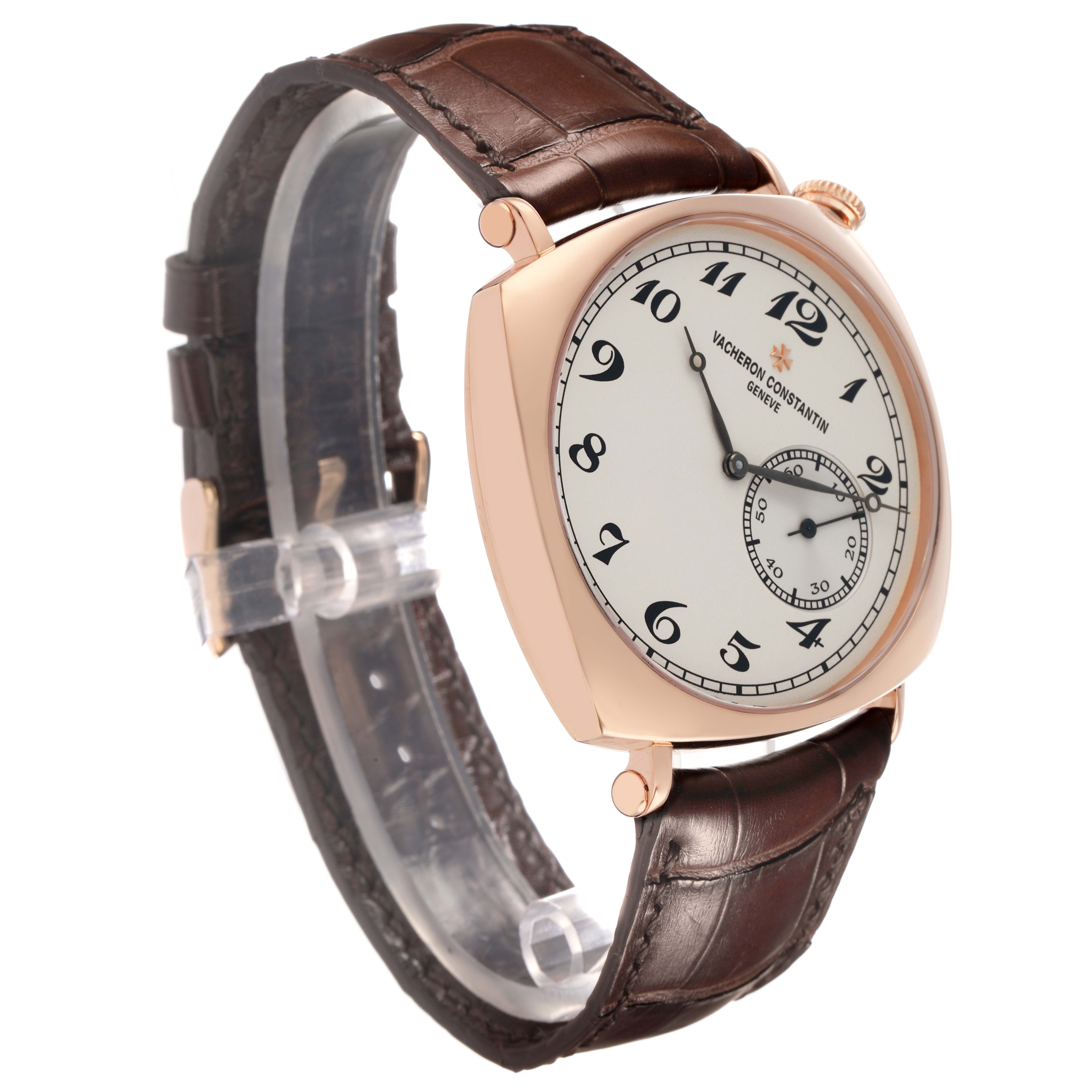 The Vacheron Constantin Historiques 82035/000R-9359 Men
s Rose Gold Silver Dial watch is shown at a three-quarter angle, highlighting the dial, case, crown, and leather strap.