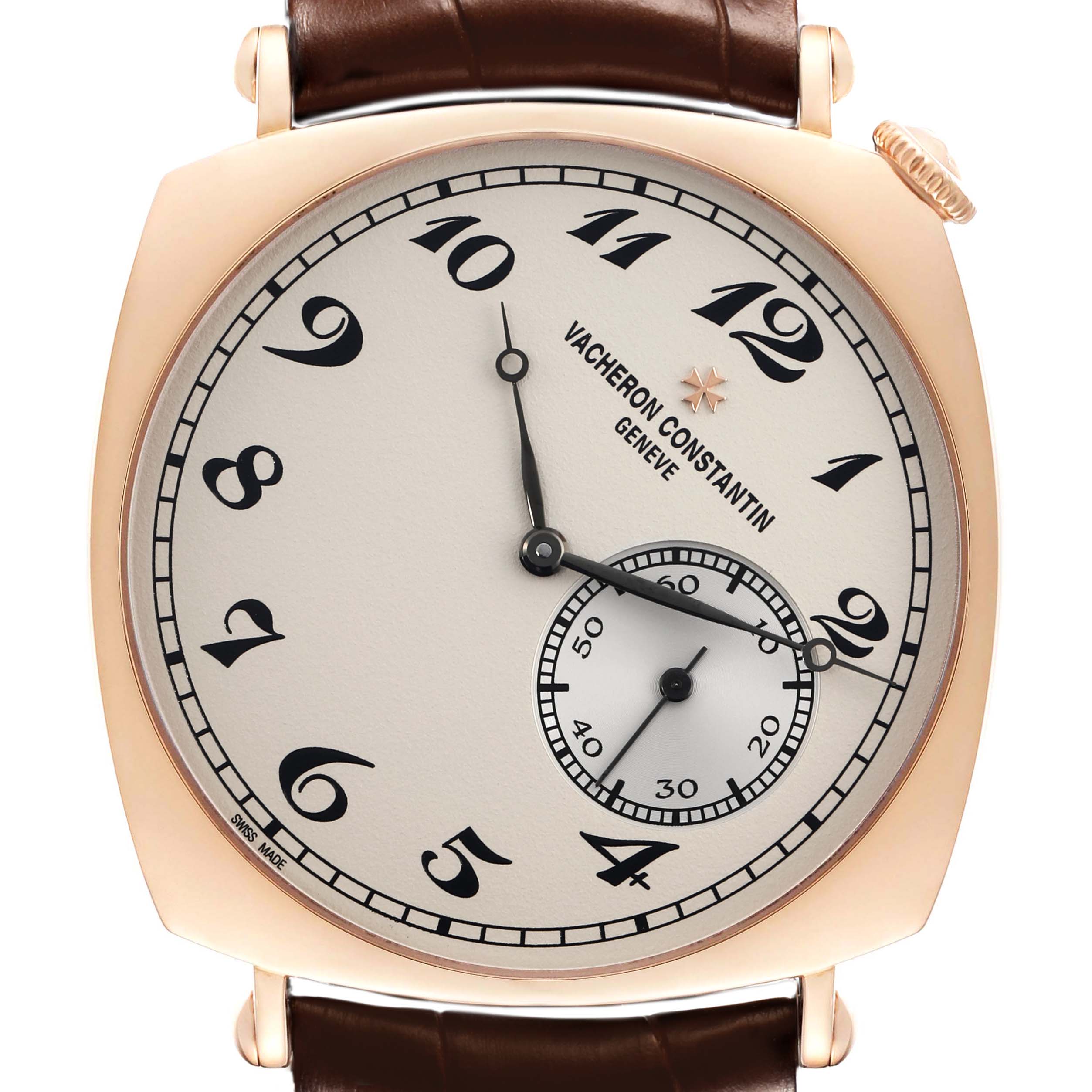 The image shows a front view of the Vacheron Constantin Historiques 82035/000R-9359 Men
s Rose Gold Silver Dial watch, highlighting the dial, hands, and case details.