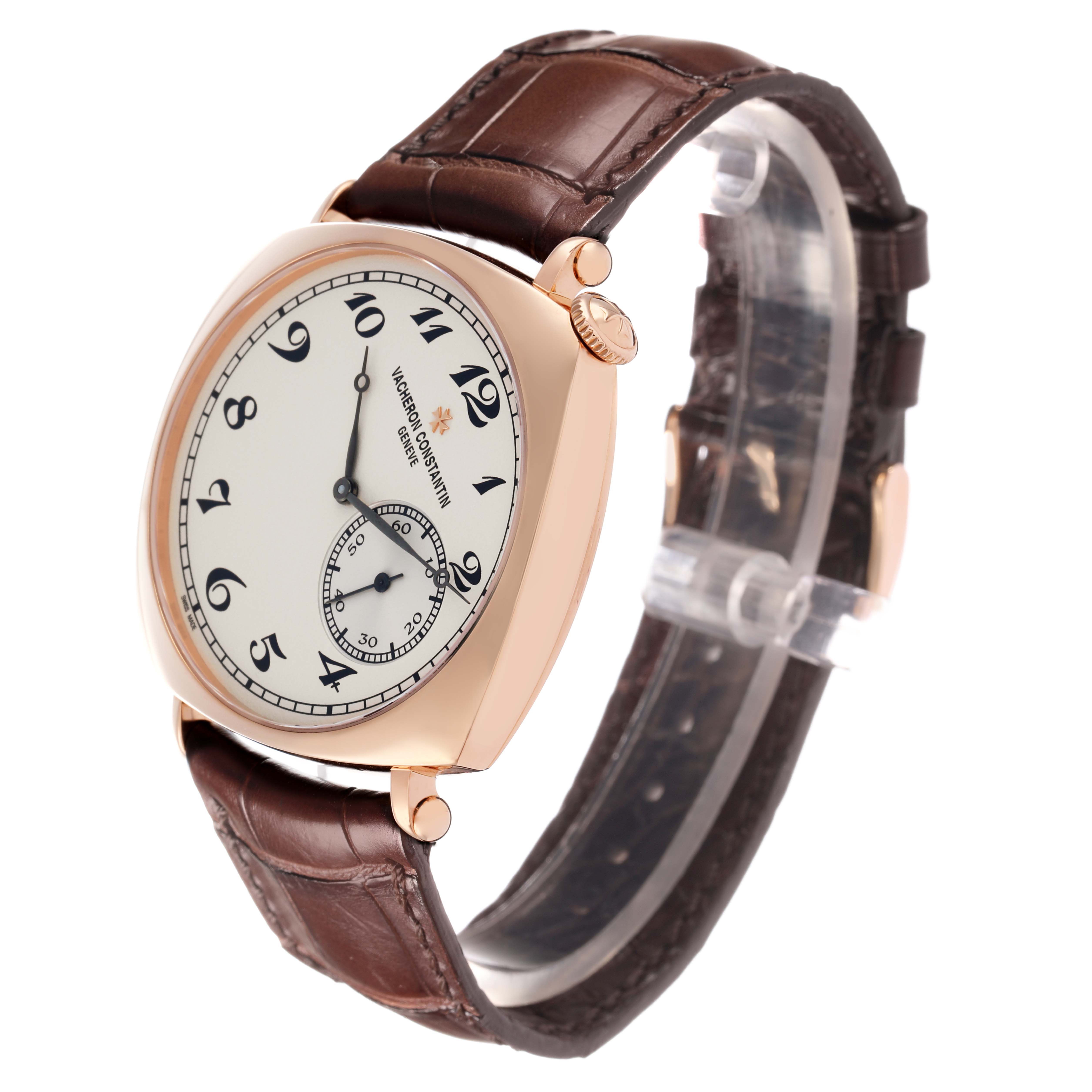 The Vacheron Constantin Historiques 82035/000R-9359 Men
s Rose Gold Silver Dial watch is shown at a three-quarter angle, featuring its dial, crown, and brown leather strap.