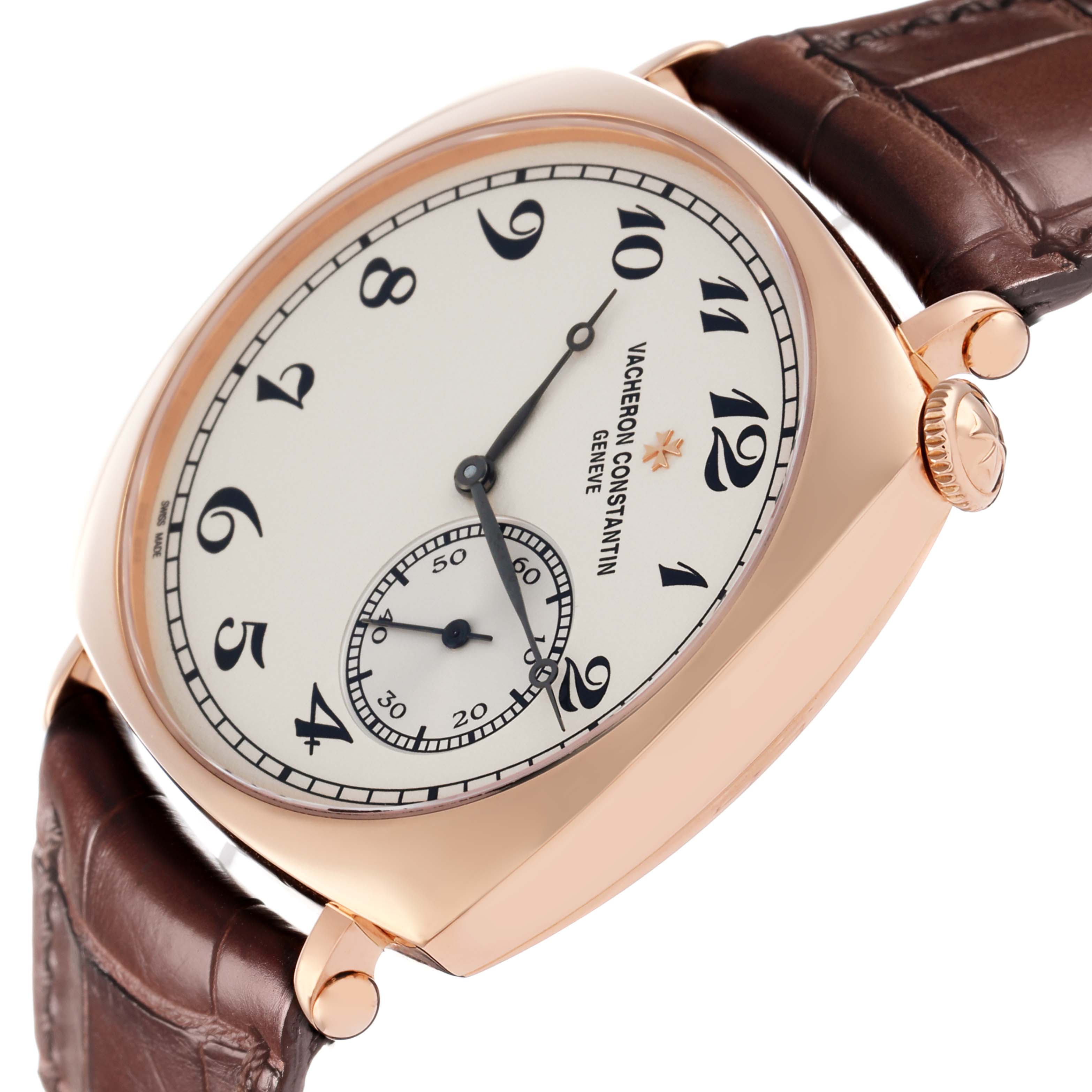 The Vacheron Constantin Historiques 82035/000R-9359 Men
s Rose Gold Silver Dial watch is shown from a side angle, highlighting the dial, crown, case, and leather strap.