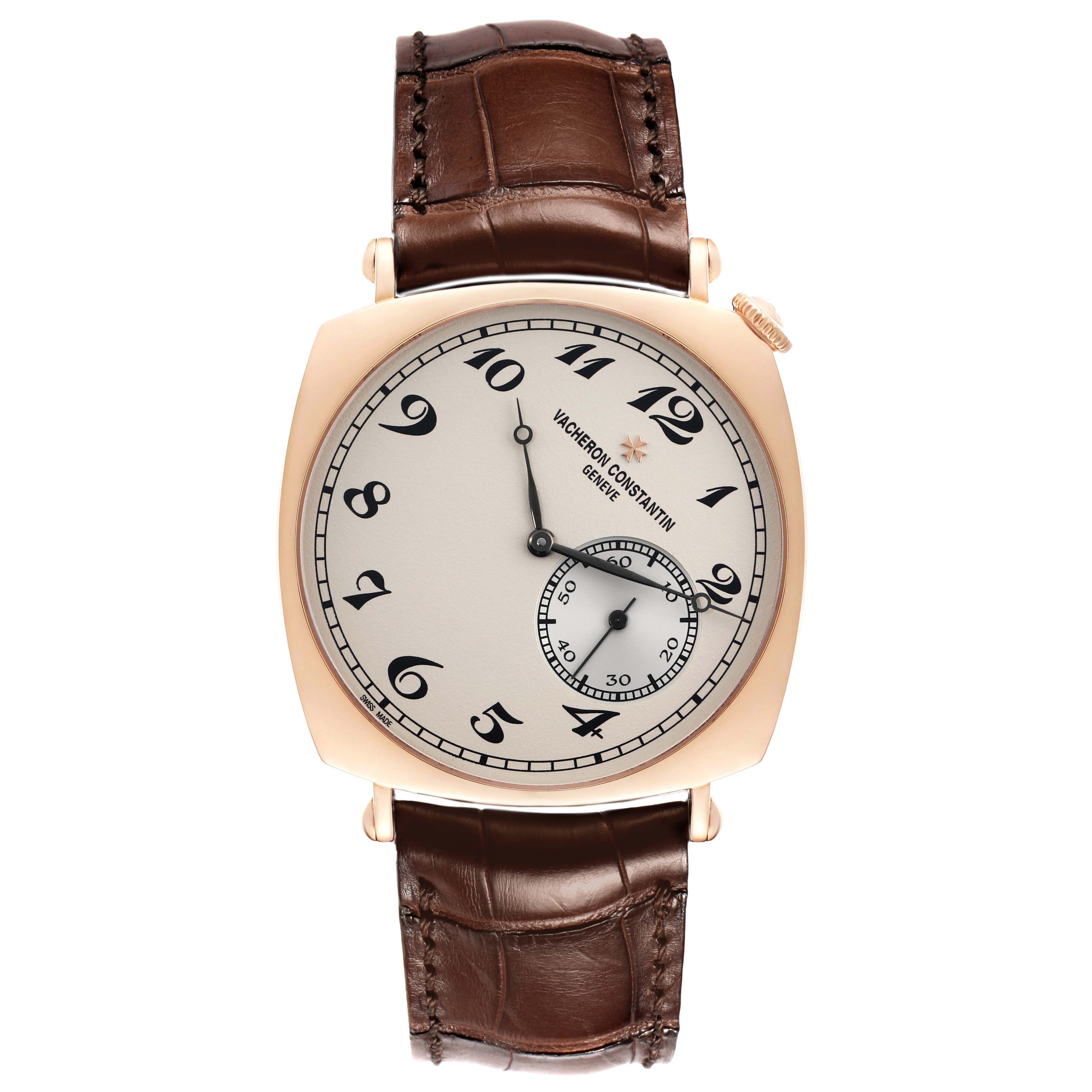 The Vacheron Constantin Historiques 82035/000R-9359 Men
s Rose Gold Silver Dial model is shown from a top-down angle, displaying the dial, hands, and leather strap.