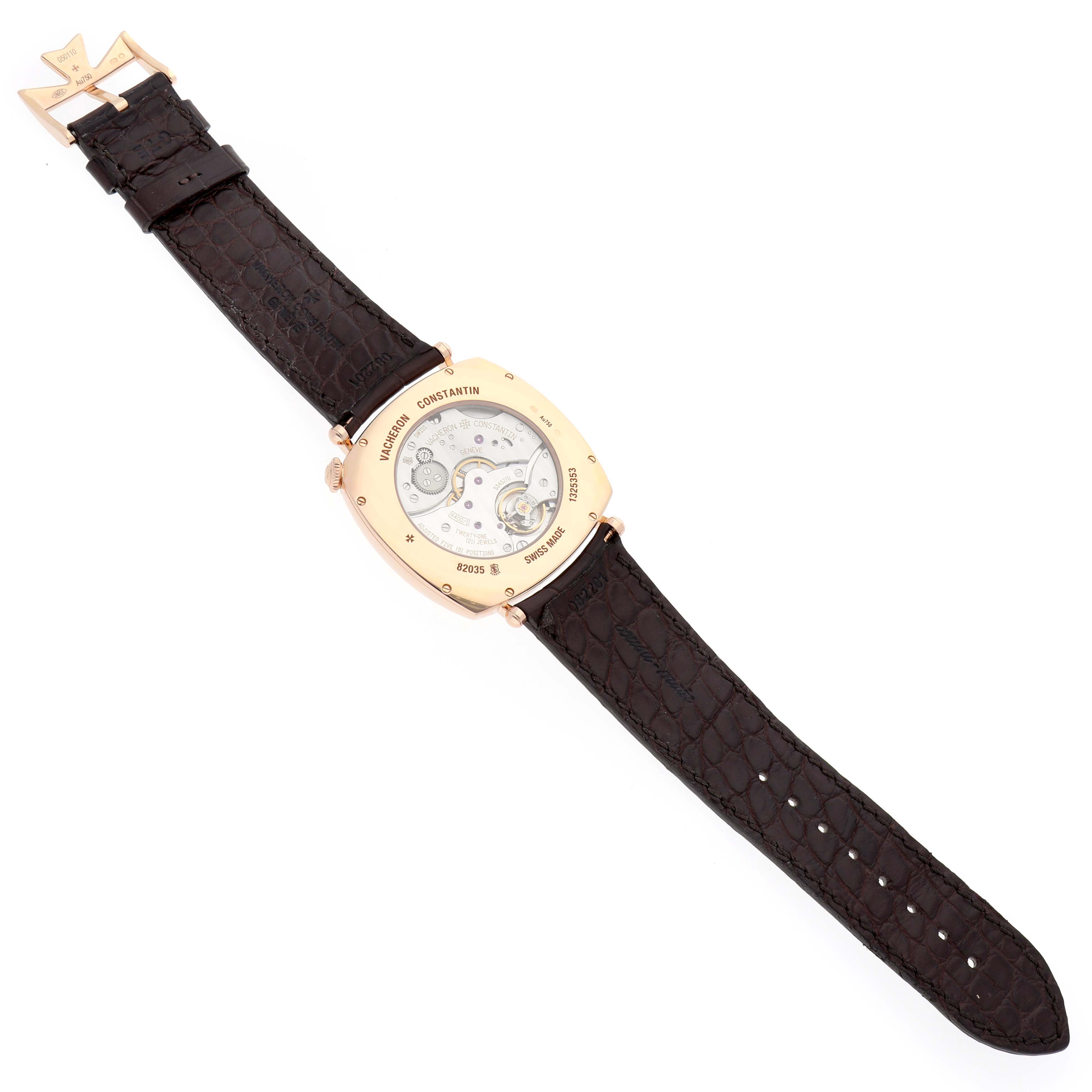 The image shows the back view of the Vacheron Constantin Historiques 82035/000R-9359 Men
s Rose Gold Silver Dial watch, highlighting the case back and leather strap.