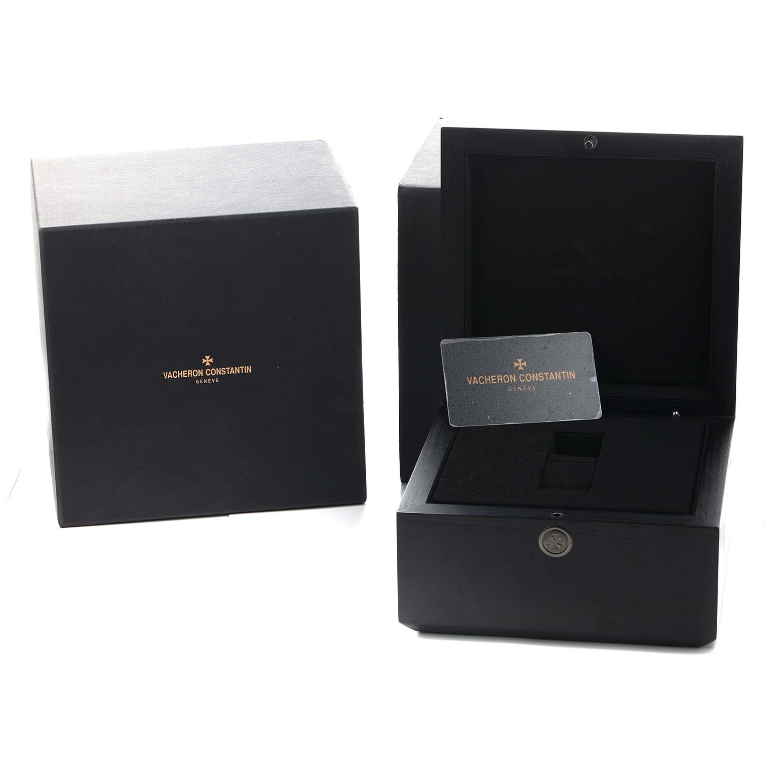 The image shows a Vacheron Constantin Historiques 82035/000R-9359 Men
s Rose Gold Silver Dial model watch box and card, viewed from a front angle with an open lid.