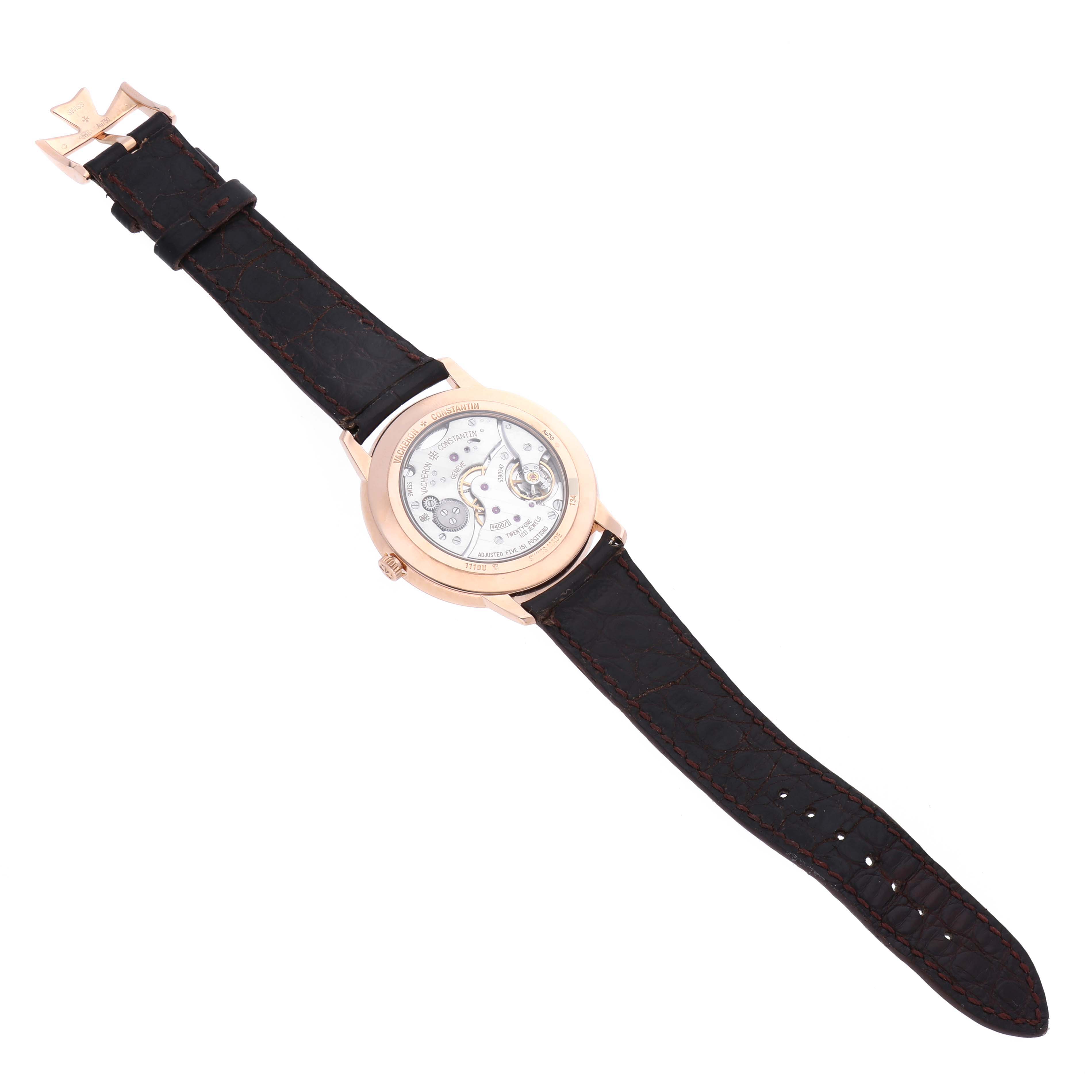 The image shows the back view of a Vacheron Constantin Patrimony 1110U/000R Men's Rose Gold Silver Dial 1110U/000R Men's Rose Gold Silver Dial watch with focus on the transparent case back and black leather strap.