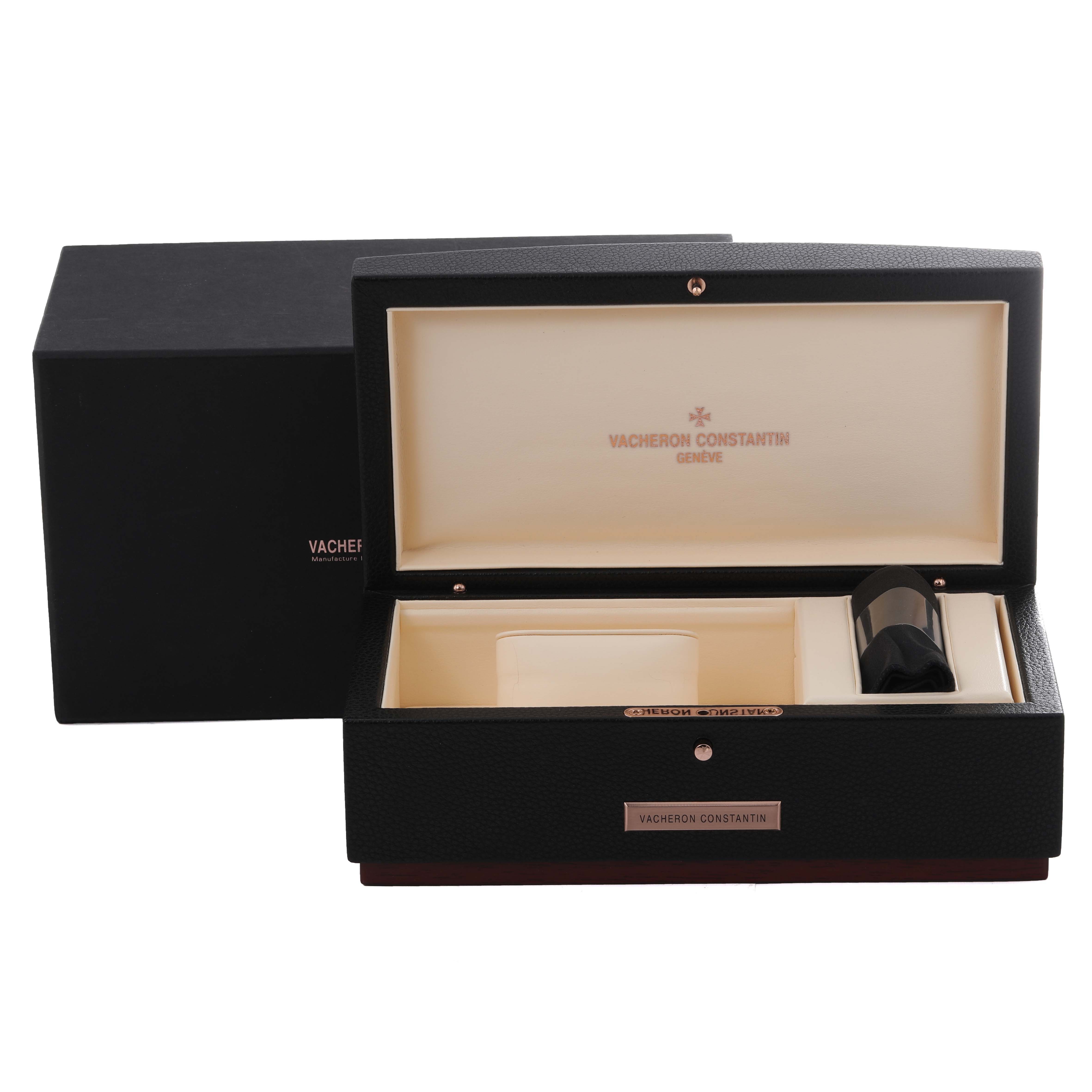The image shows a Vacheron Constantin Patrimony 1110U/000R Men's Rose Gold Silver Dial 1110U/000R Men's Rose Gold Silver Dial watch box, open to reveal the interior compartments.