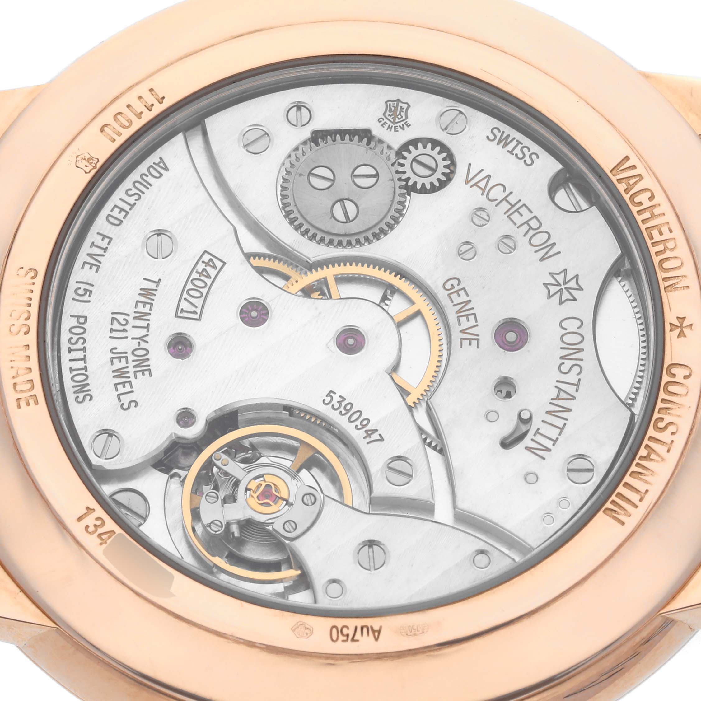 The image shows the movement mechanism of a Vacheron Constantin Patrimony 1110U/000R Men's Rose Gold Silver Dial 1110U/000R Men's Rose Gold Silver Dial watch from the back angle.
