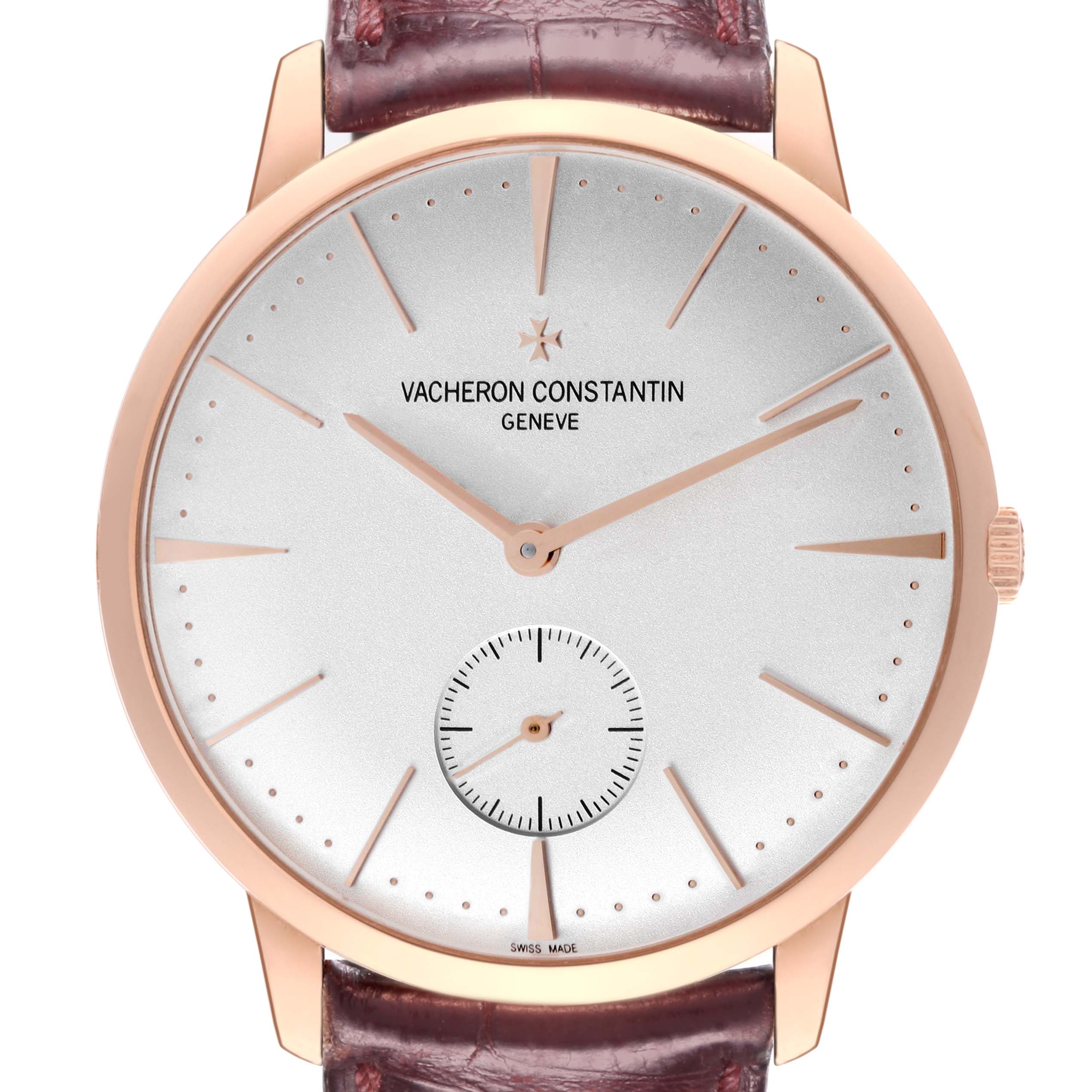 This is a front view of the Vacheron Constantin Patrimony 1110U/000R Men's Rose Gold Silver Dial 1110U/000R Men's Rose Gold Silver Dial watch, showing the dial, hands, and part of the leather strap.