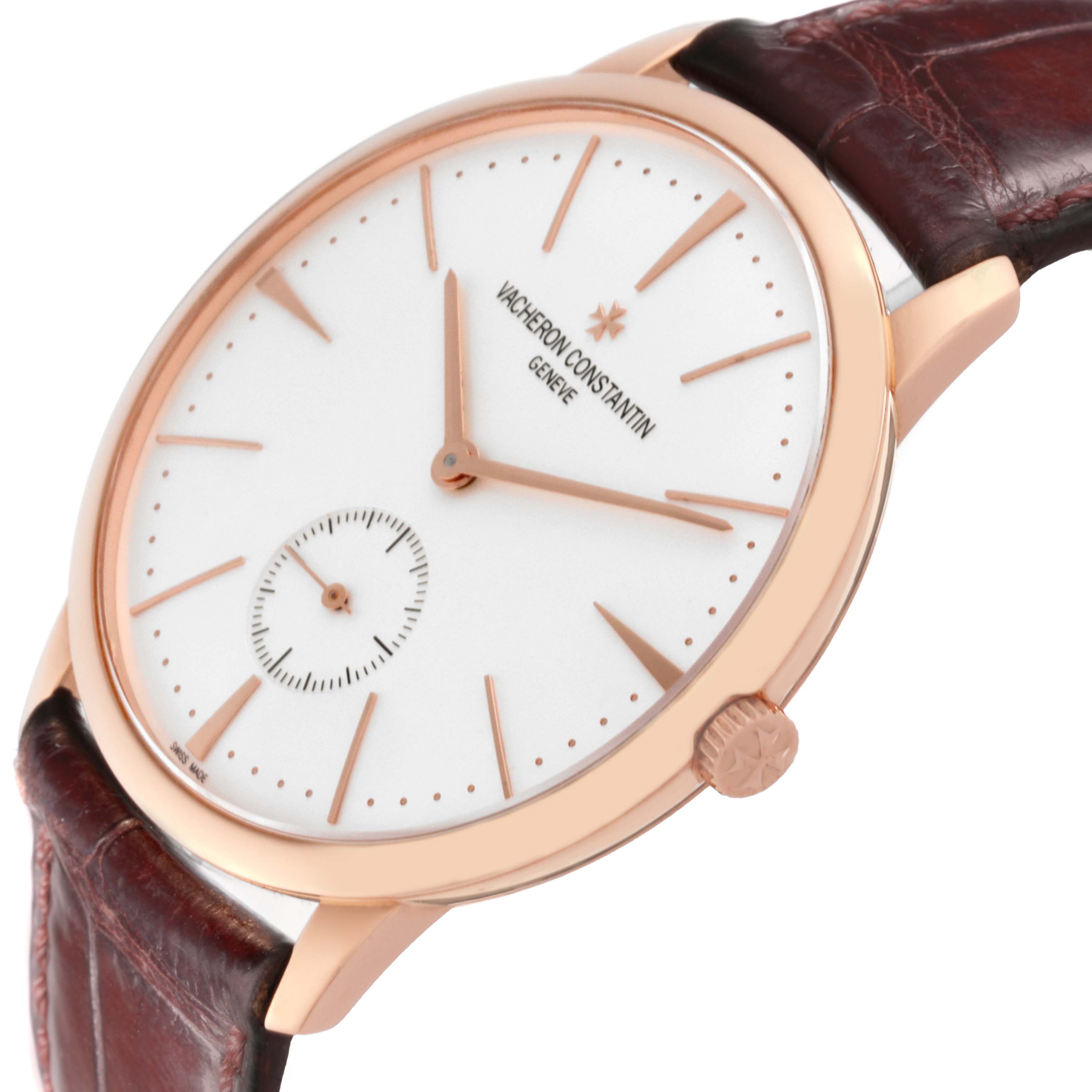 This image shows a Vacheron Constantin Patrimony 1110U/000R Men's Rose Gold Silver Dial 1110U/000R Men's Rose Gold Silver Dial watch at a slight angle, highlighting the dial, hands, crown, and leather strap.