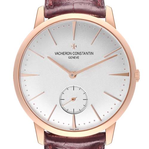 This image shows a front view of a Vacheron Constantin Patrimony watch, highlighting its dial, hands, crown, and strap.