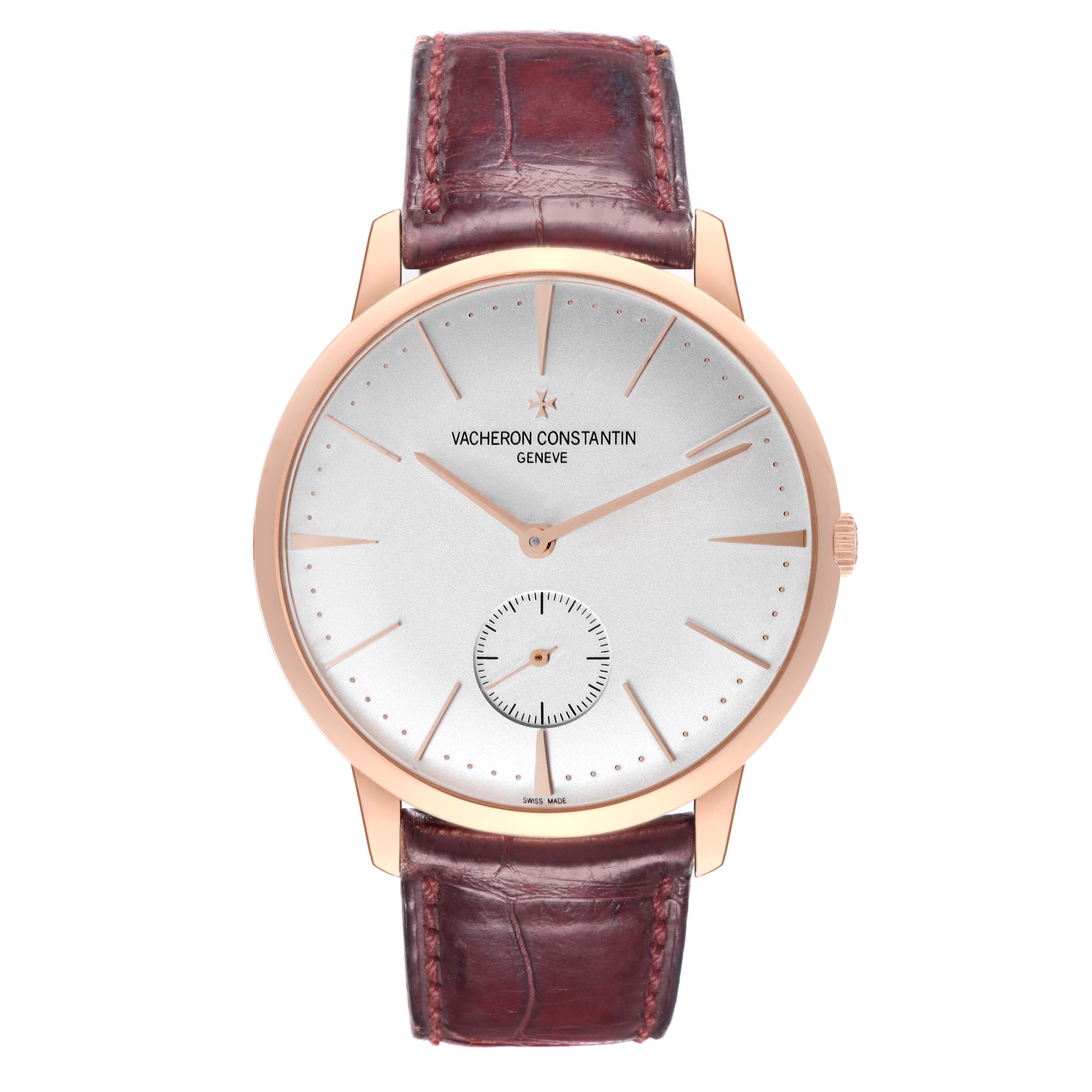 This is a front view of a Vacheron Constantin Patrimony 1110U/000R Men's Rose Gold Silver Dial 1110U/000R Men's Rose Gold Silver Dial watch showing the dial, hands, crown, and leather strap.
