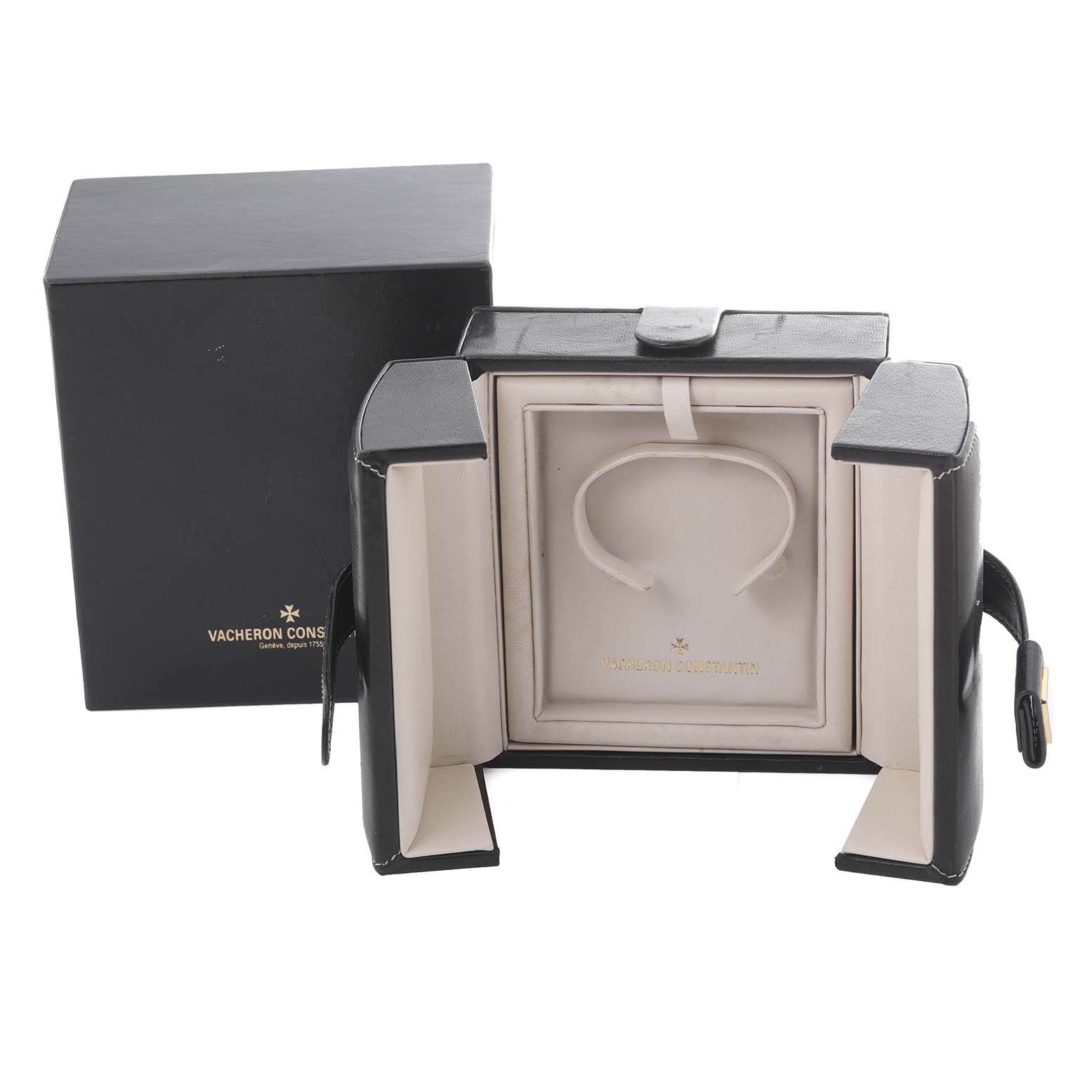 The image shows the open box for a Traditionnelle model by Vacheron Constantin, including the inner packaging and outer box.